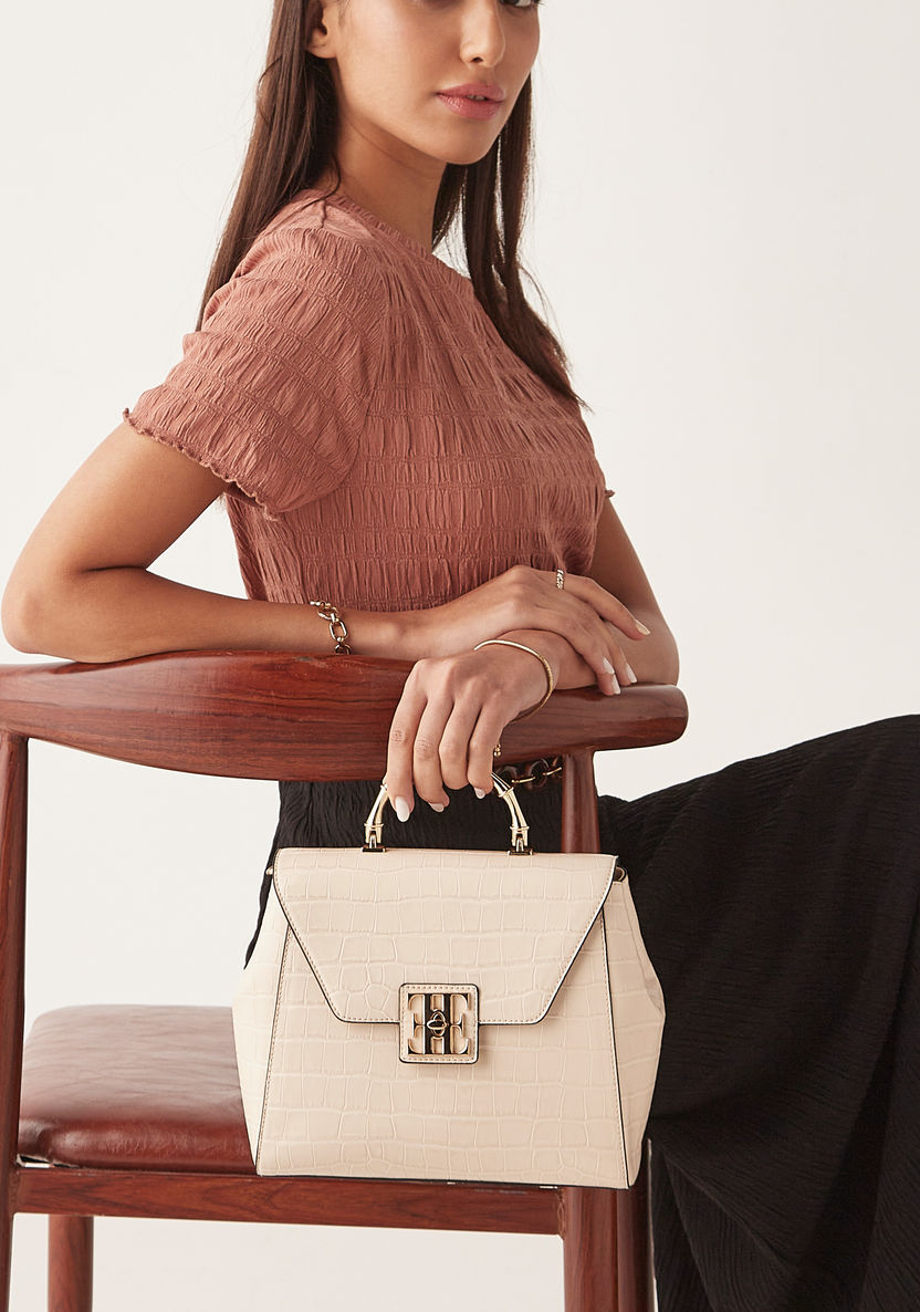 Elle Textured Satchel Bag with Metallic Handle and Detachable Strap-Women%27s Handbags-image-0