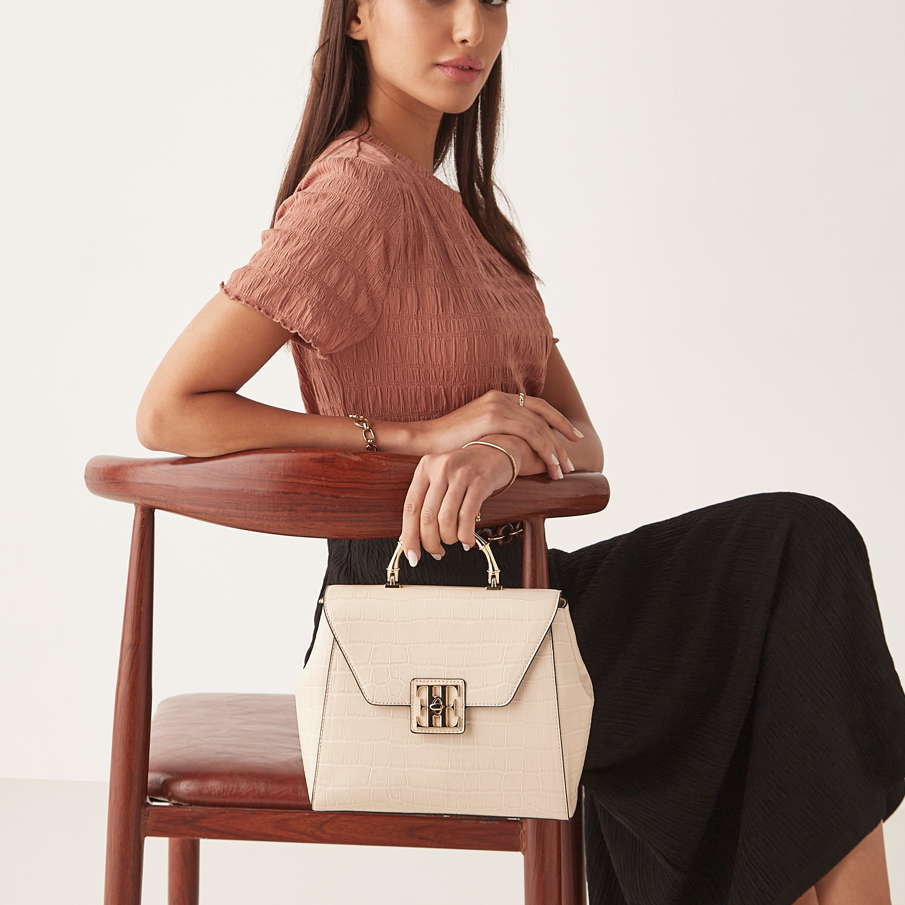 Shop Elle Textured Satchel Bag with Metallic Handle and