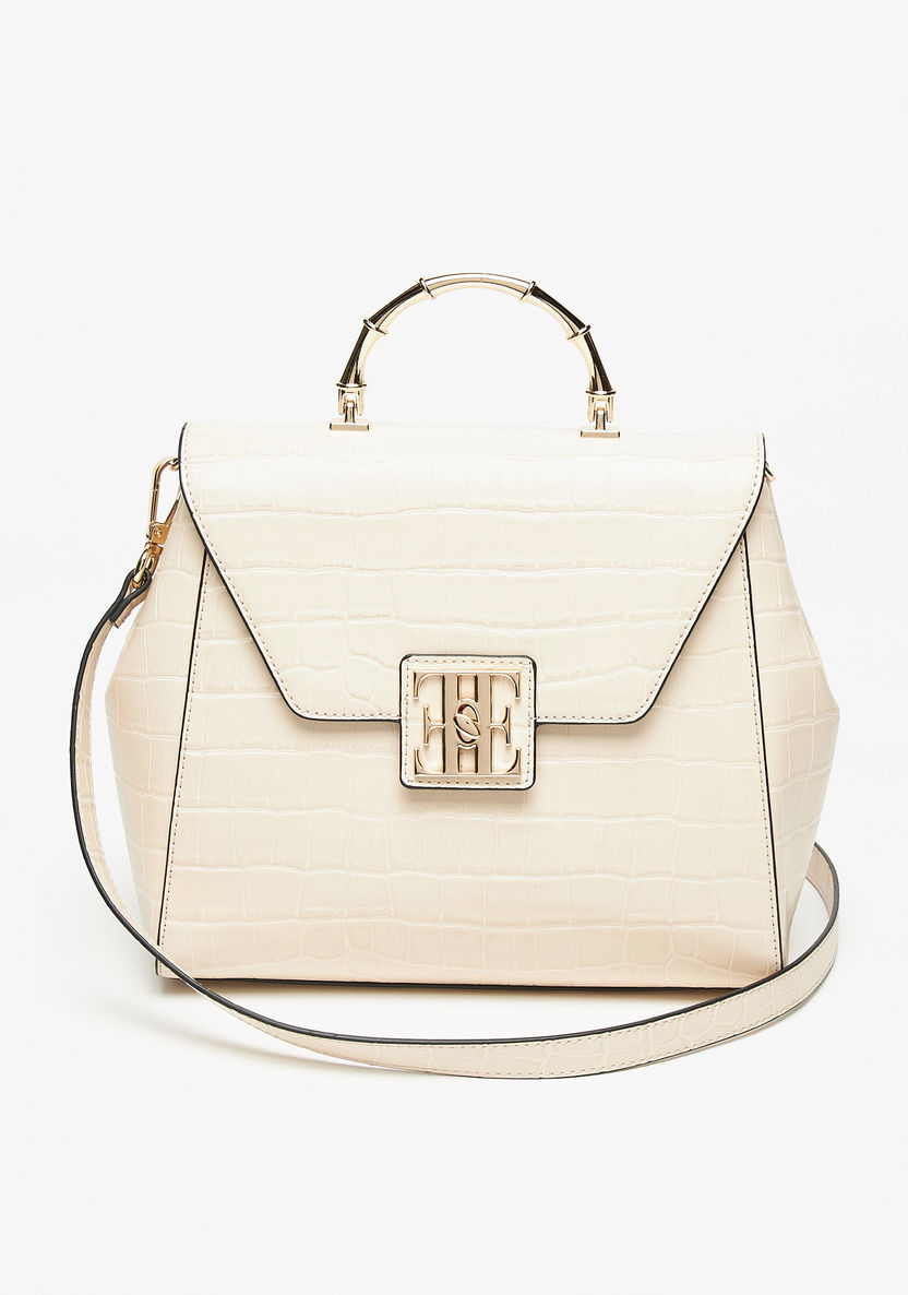 Elle Textured Satchel Bag with Metallic Handle and Detachable Strap-Women%27s Handbags-image-1