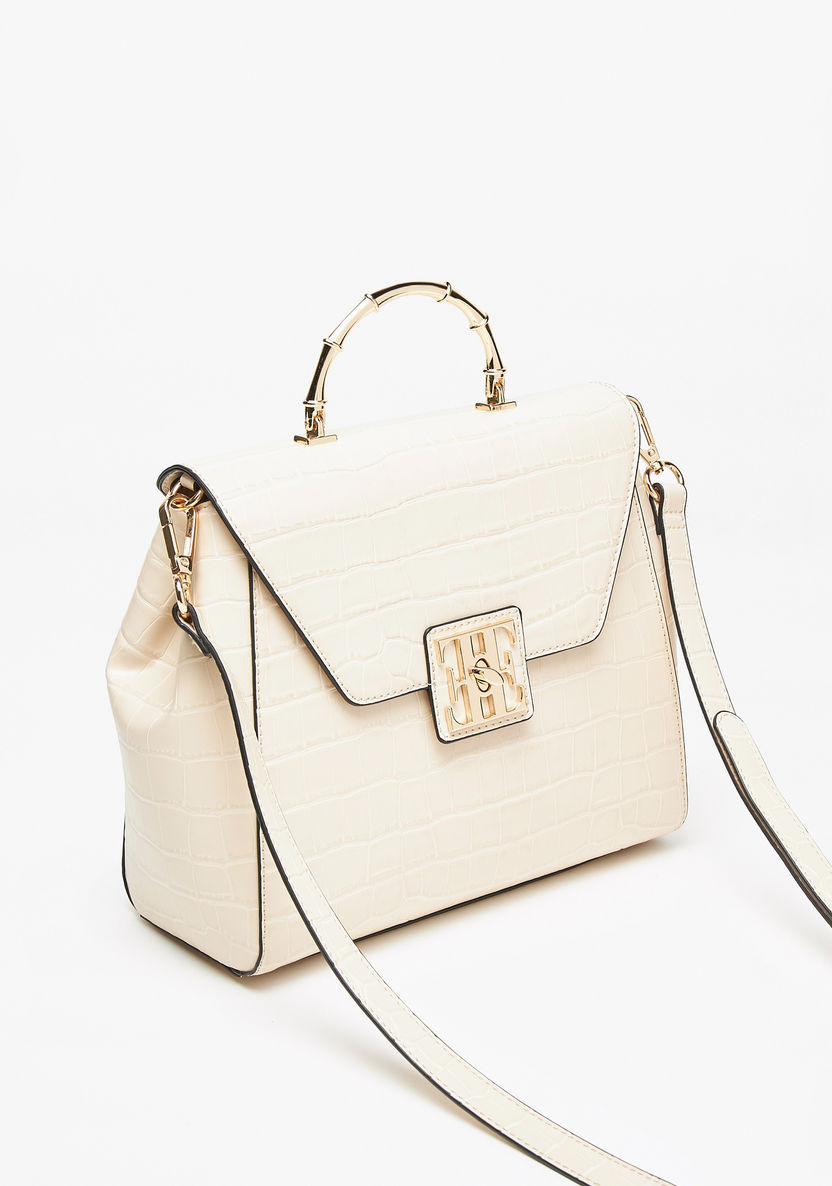 Elle Textured Satchel Bag with Metallic Handle and Detachable Strap-Women%27s Handbags-image-2