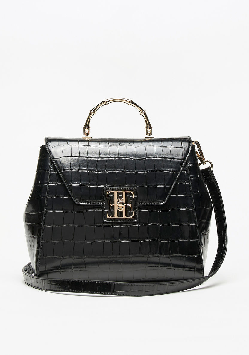 Elle Textured Satchel Bag with Metallic Handle and Detachable Strap-Women%27s Handbags-image-0