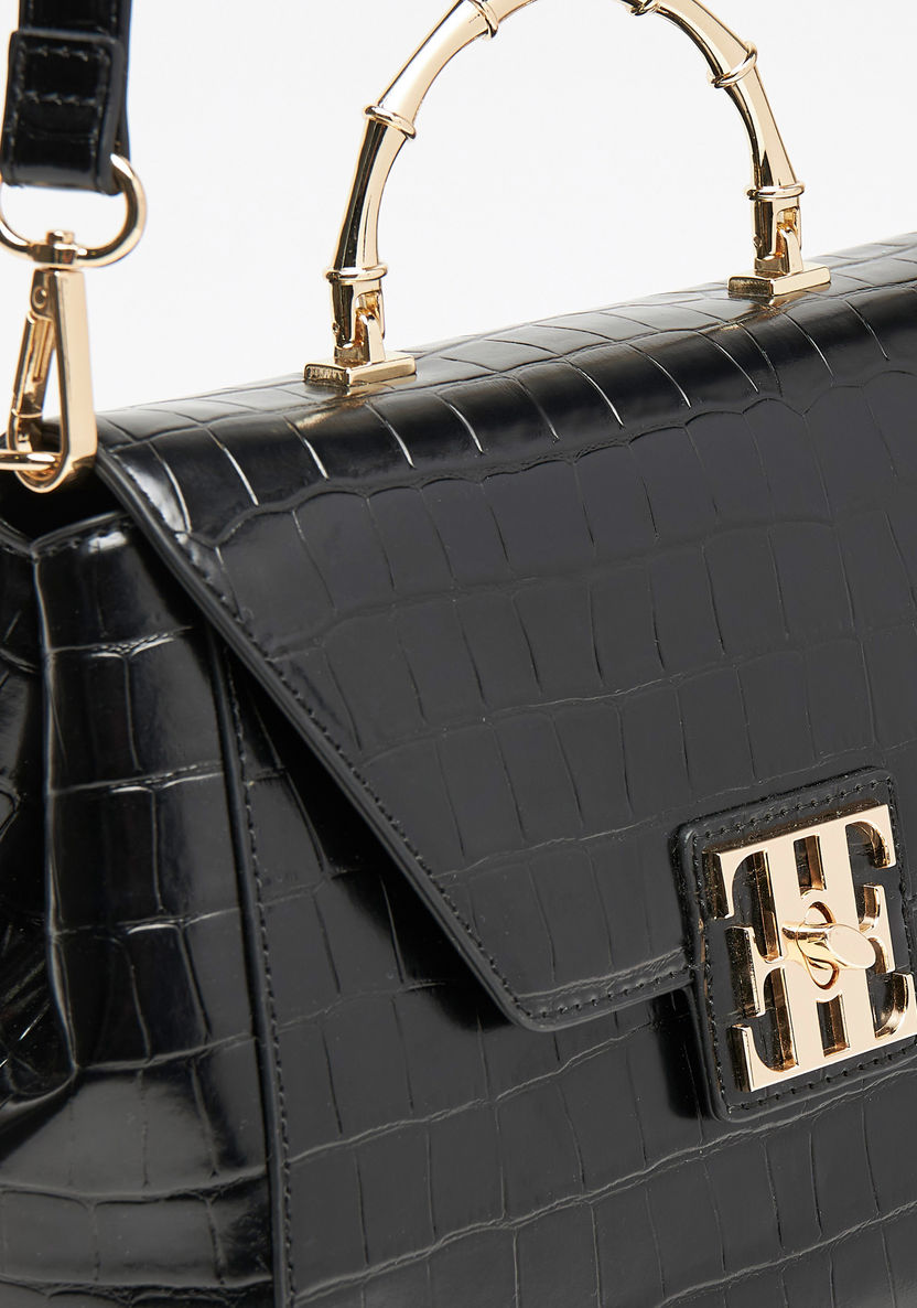 Elle Textured Satchel Bag with Metallic Handle and Detachable Strap-Women%27s Handbags-image-3