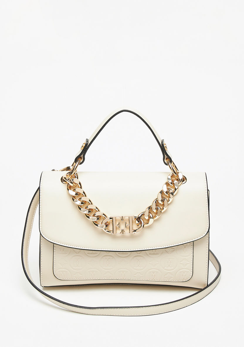Elle Monogram Embossed Satchel Bag with Chainlink Accent-Women%27s Handbags-image-0