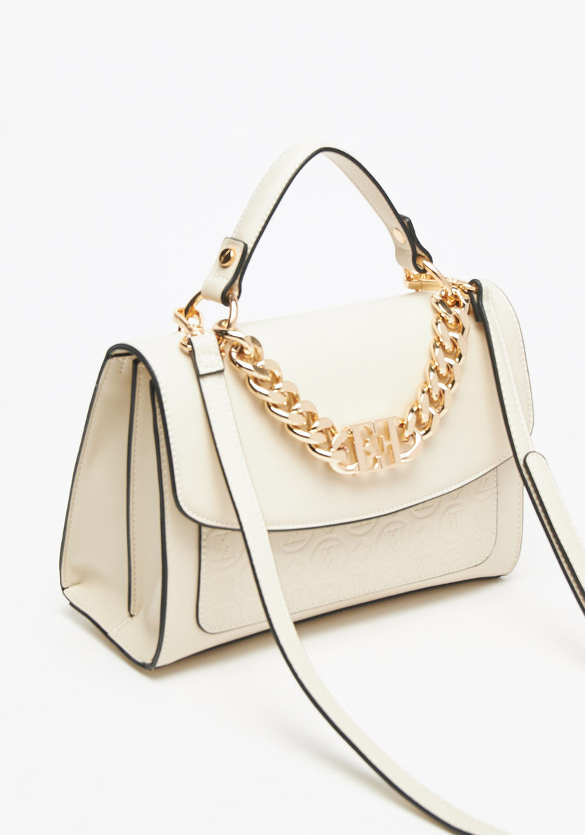 Elle Monogram Embossed Satchel Bag with Chainlink Accent-Women%27s Handbags-image-2
