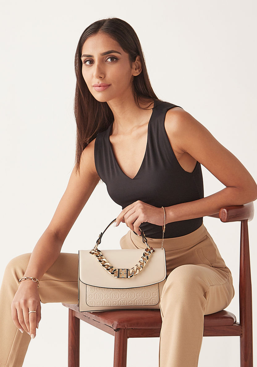 Elle Monogram Embossed Satchel Bag with Chainlink Accent-Women%27s Handbags-image-5