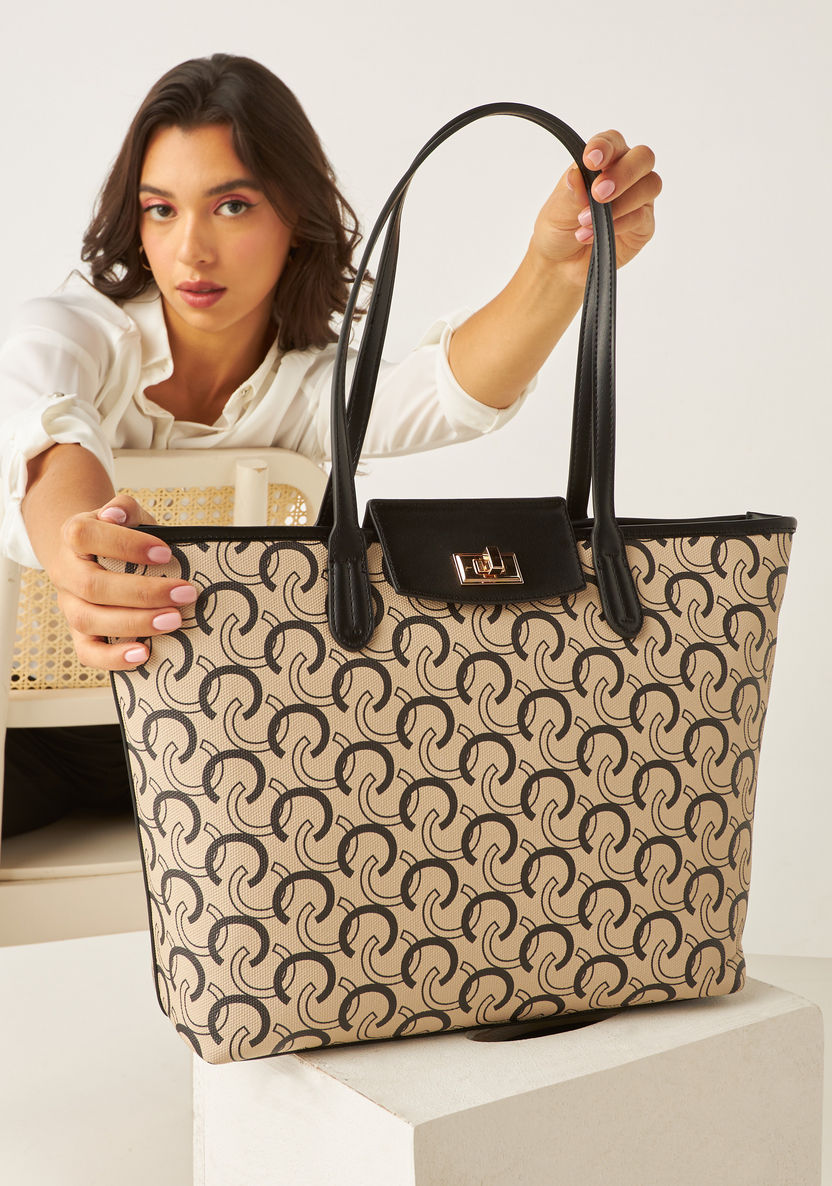 Celeste All-Over Monogram Print Tote Bag with Twist Lock Closure-Women%27s Handbags-image-1