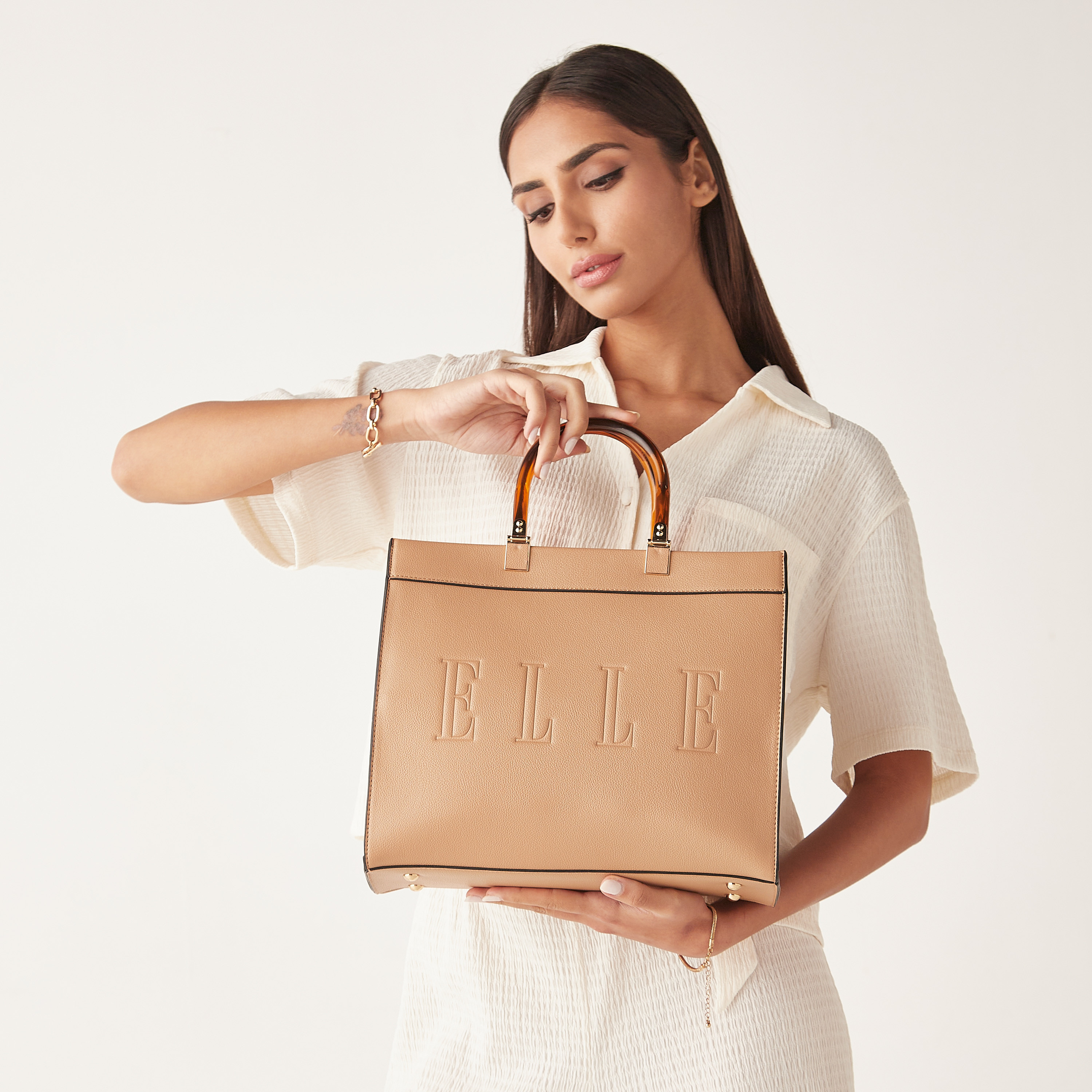 Buy Women s Elle Logo Detail Tote Bag with Detachable Strap and Zip Closure Online Centrepoint Bahrain