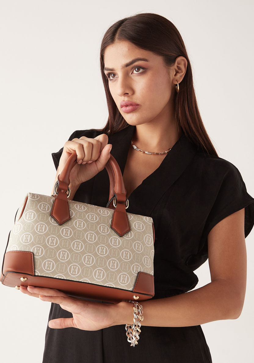 Elle Monogram Print Tote Bag with Top Handles and Zip Closure-Women%27s Handbags-image-0