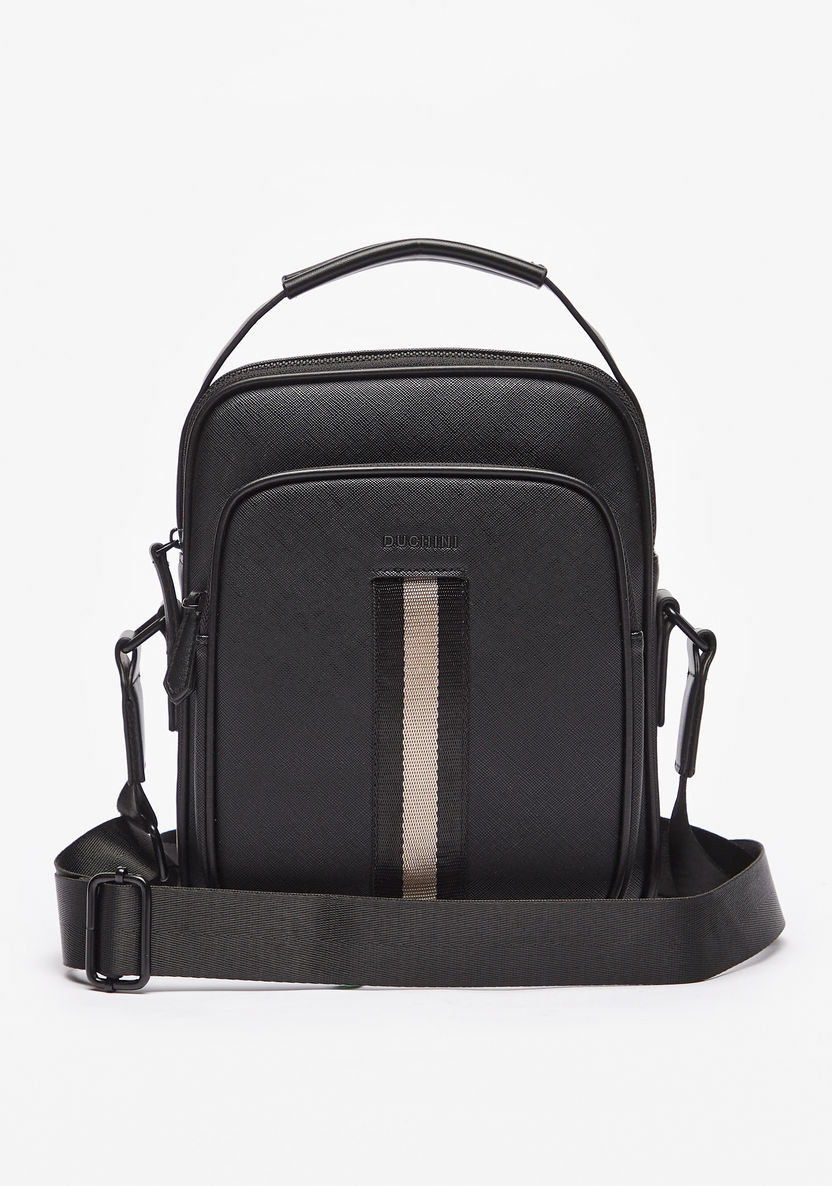 Duchini Solid Crossbody Bag with Tape Detail and Zip Closure-Men%27s Handbags-image-0
