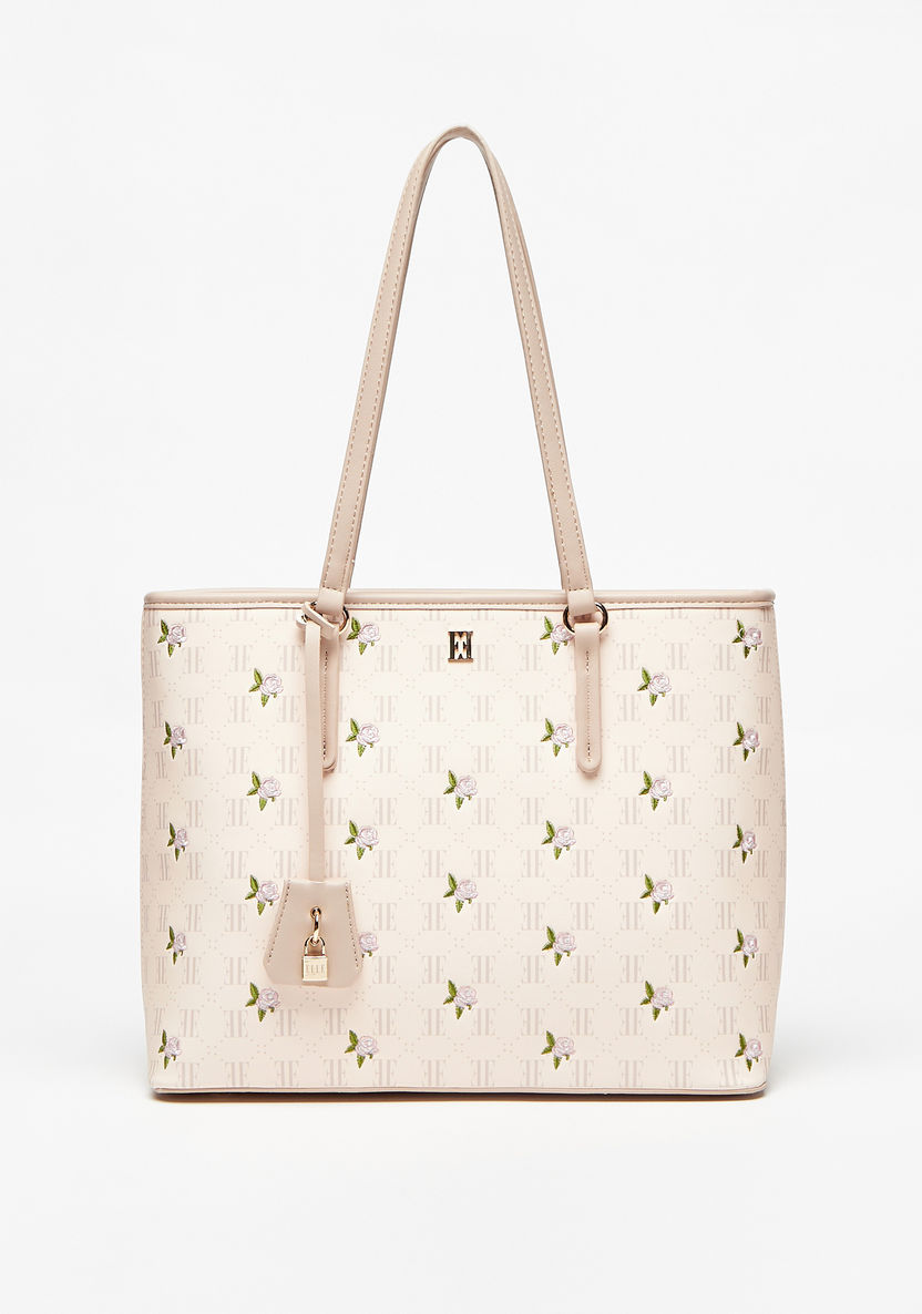Elle Monogram Print Tote Bag with Double Handle and Pouch-Women%27s Handbags-image-2