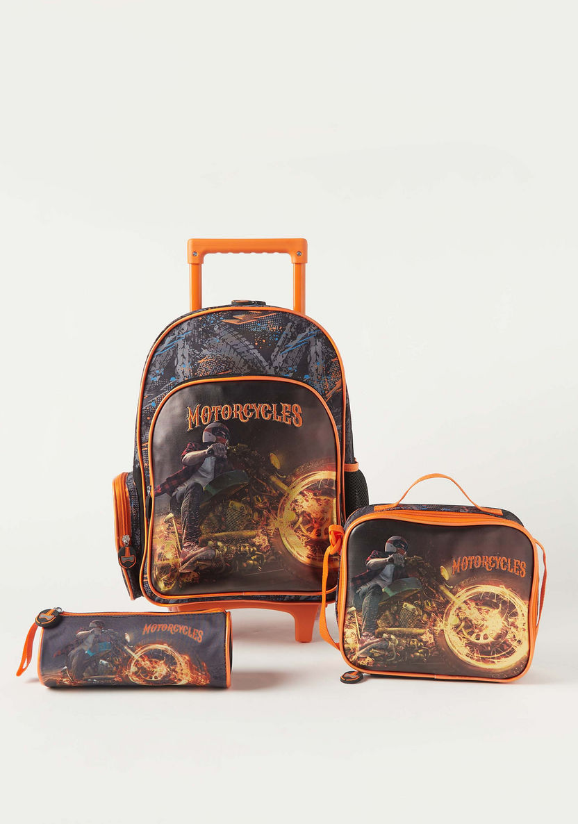 Juniors Motorcycle Print 3-Piece Trolley Backpack Set - 16 inches-School Sets-image-0
