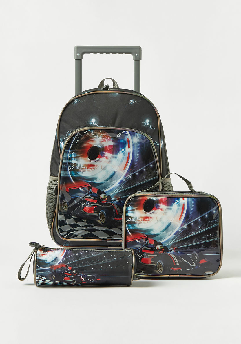 Juniors Car Graphic Print Trolley Backpack with Lunch Bag and Pencil Pouch-School Sets-image-0