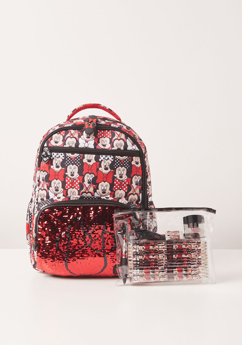Disney Minnie Mouse Print Sequin Detail Backpack with Stationery Set - 15 inches-Backpacks-image-0