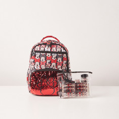 Disney Minnie Mouse Print Sequin Detail Backpack with Stationery Set - 15 inches