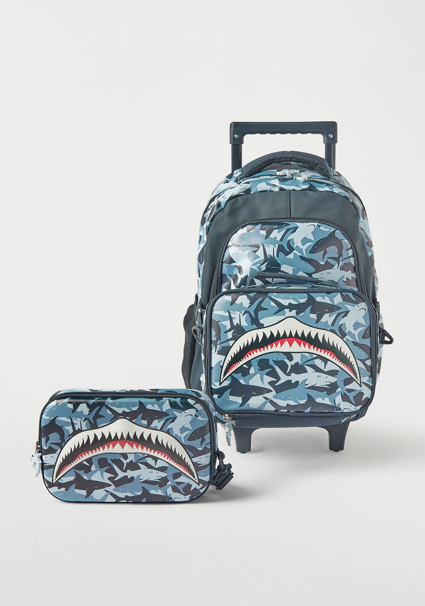 Juniors Shark Graphic Print 3-Piece Trolley Backpack Set - 16 inches-School Sets-image-0