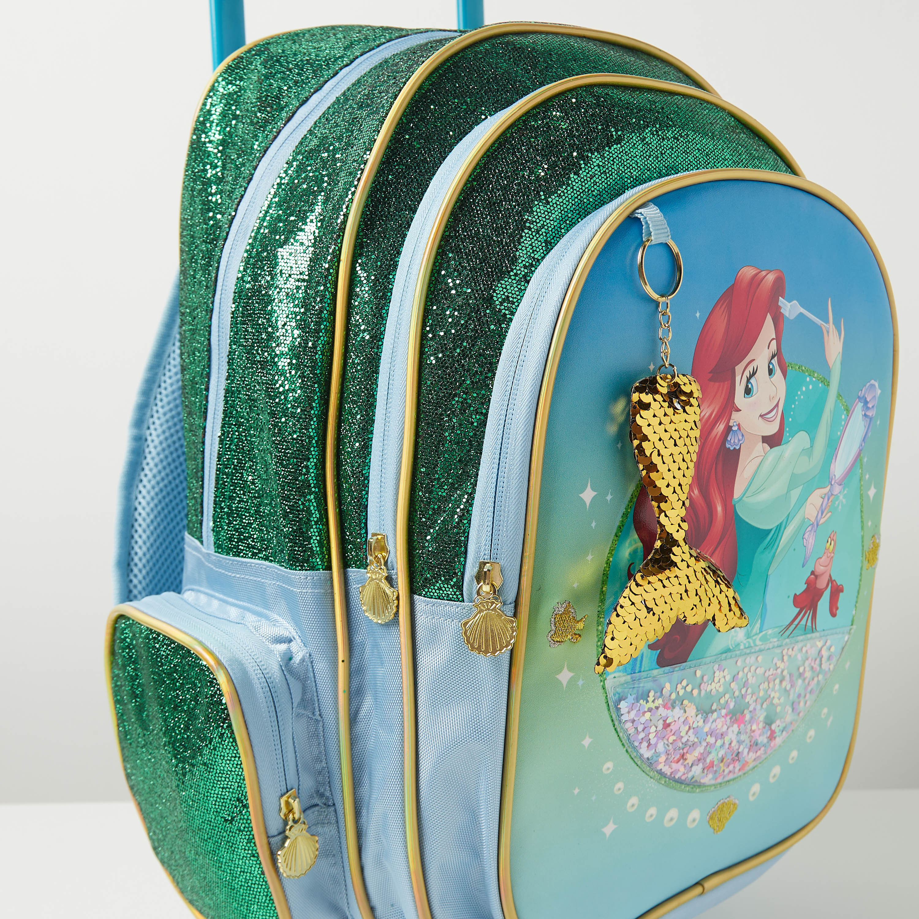 Disney Ariel Print Trolley Backpack with Wheels and Sequinned Keychain 16 inches