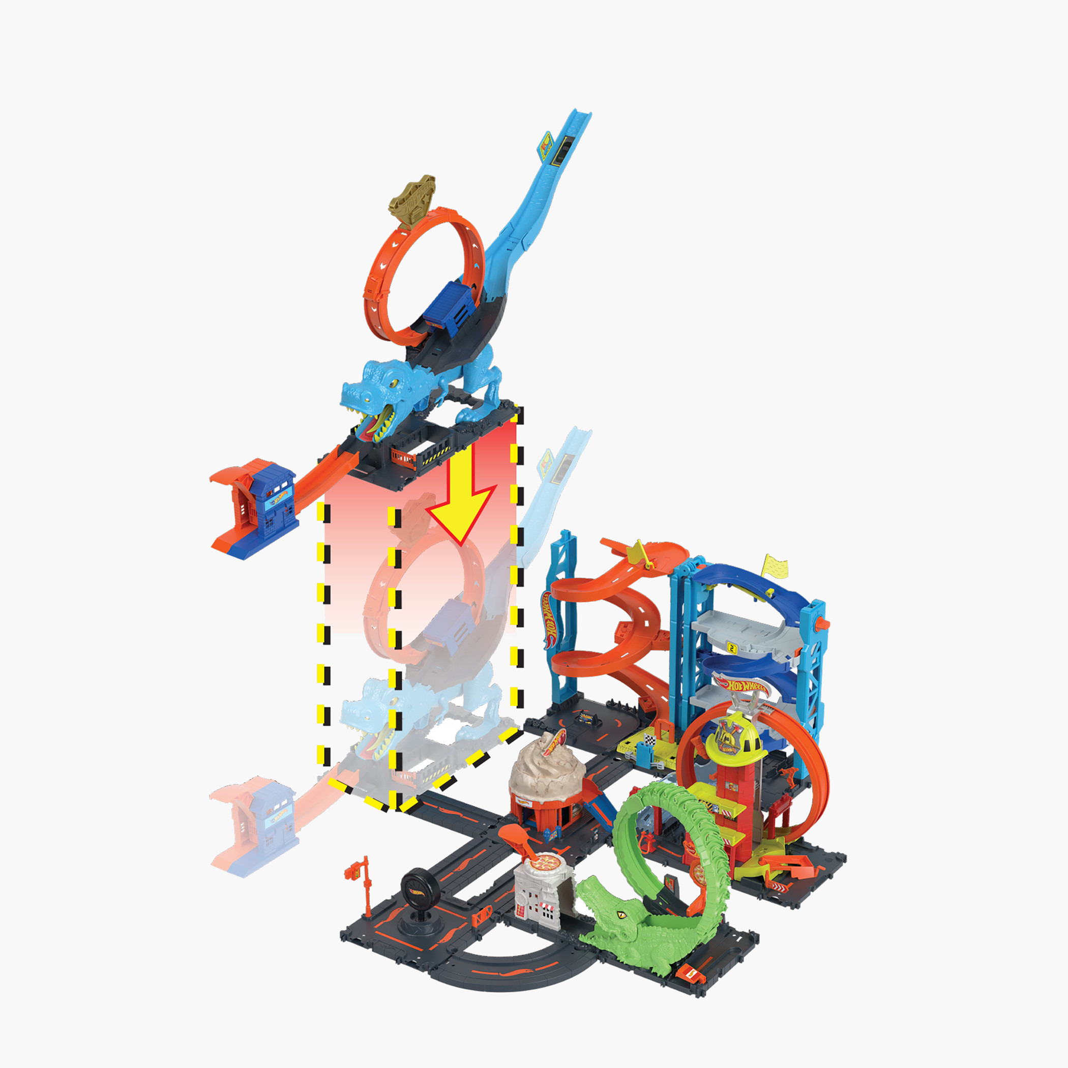 مجموعة مسار مدينة هوت ويلز مع سيارة للسباق عبر حلقة عملاقة لهزيمة ديناصور ضخم من هوت ويلز-toys-playvehicles-vehicleplaysets-image-1