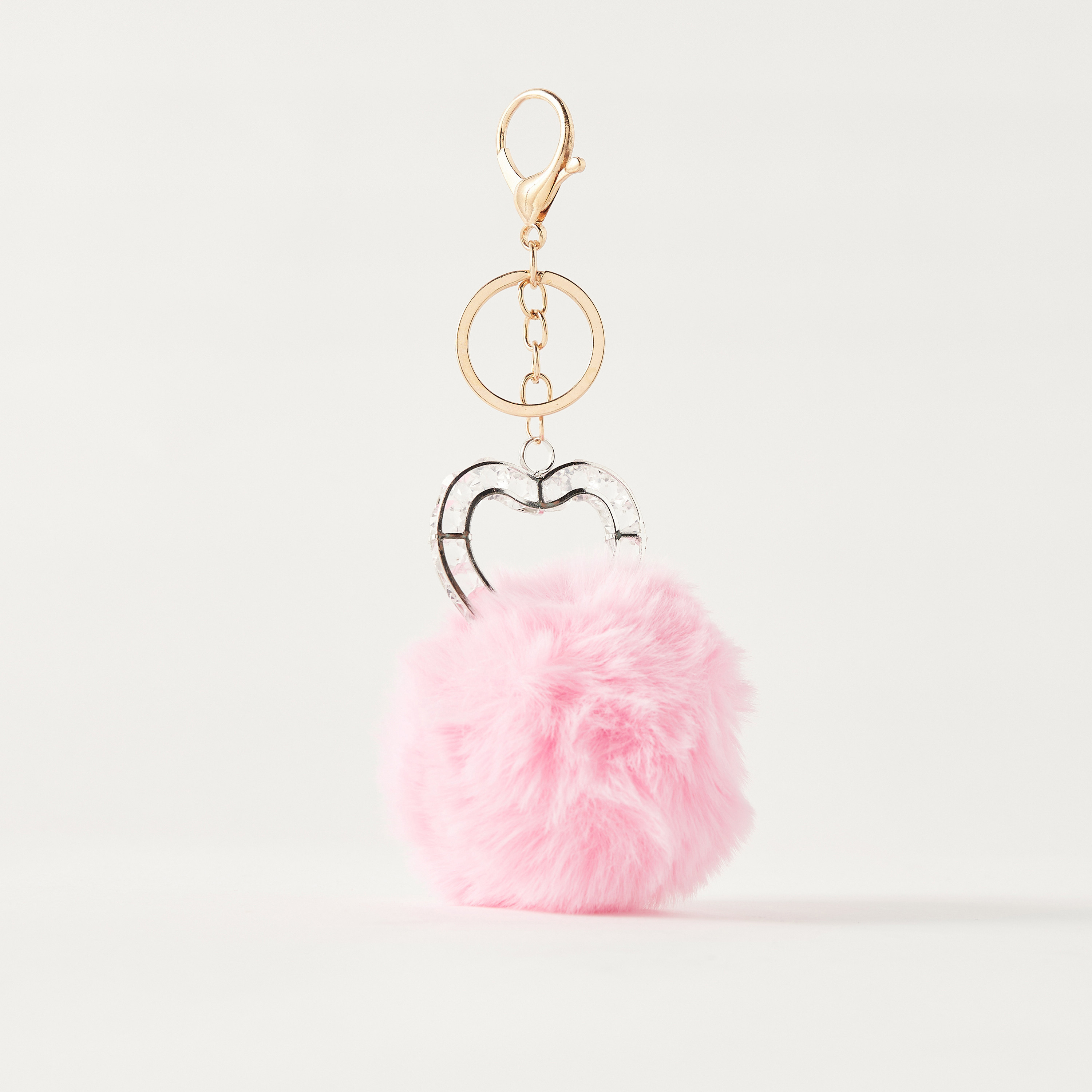 Embellished Heart Keychain with Pom Pom and Hook-girls-accessories-keyringsandbagcharms-image-1