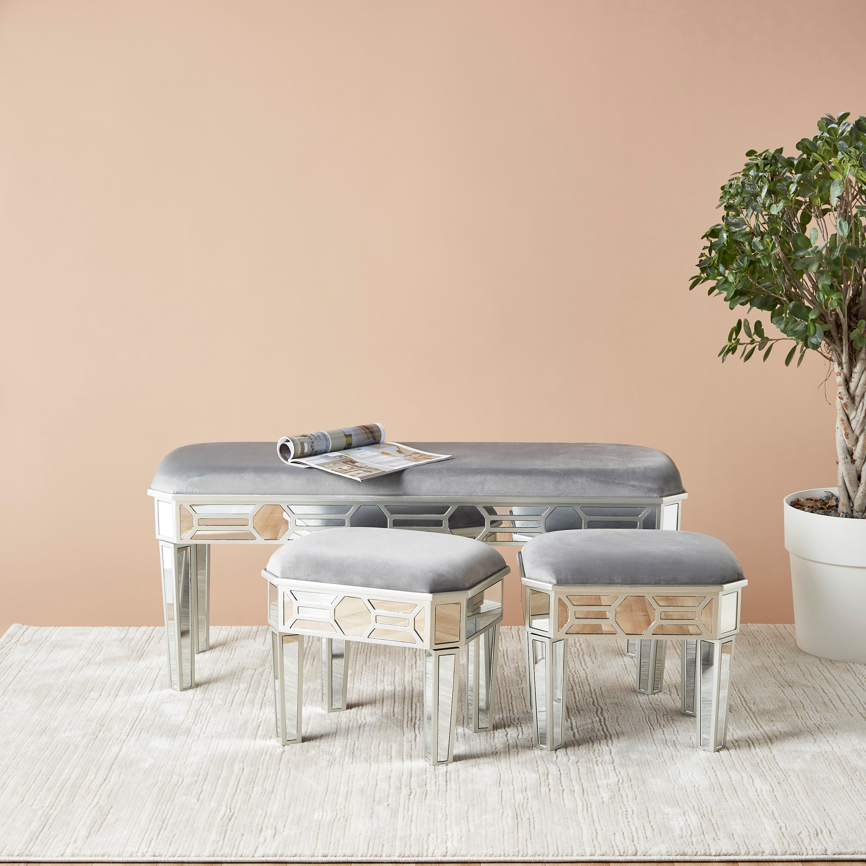 Velvet Upholstered 3-Piece Bench and Stool Set-furniture-diningroom-chairsandbenches-image-1
