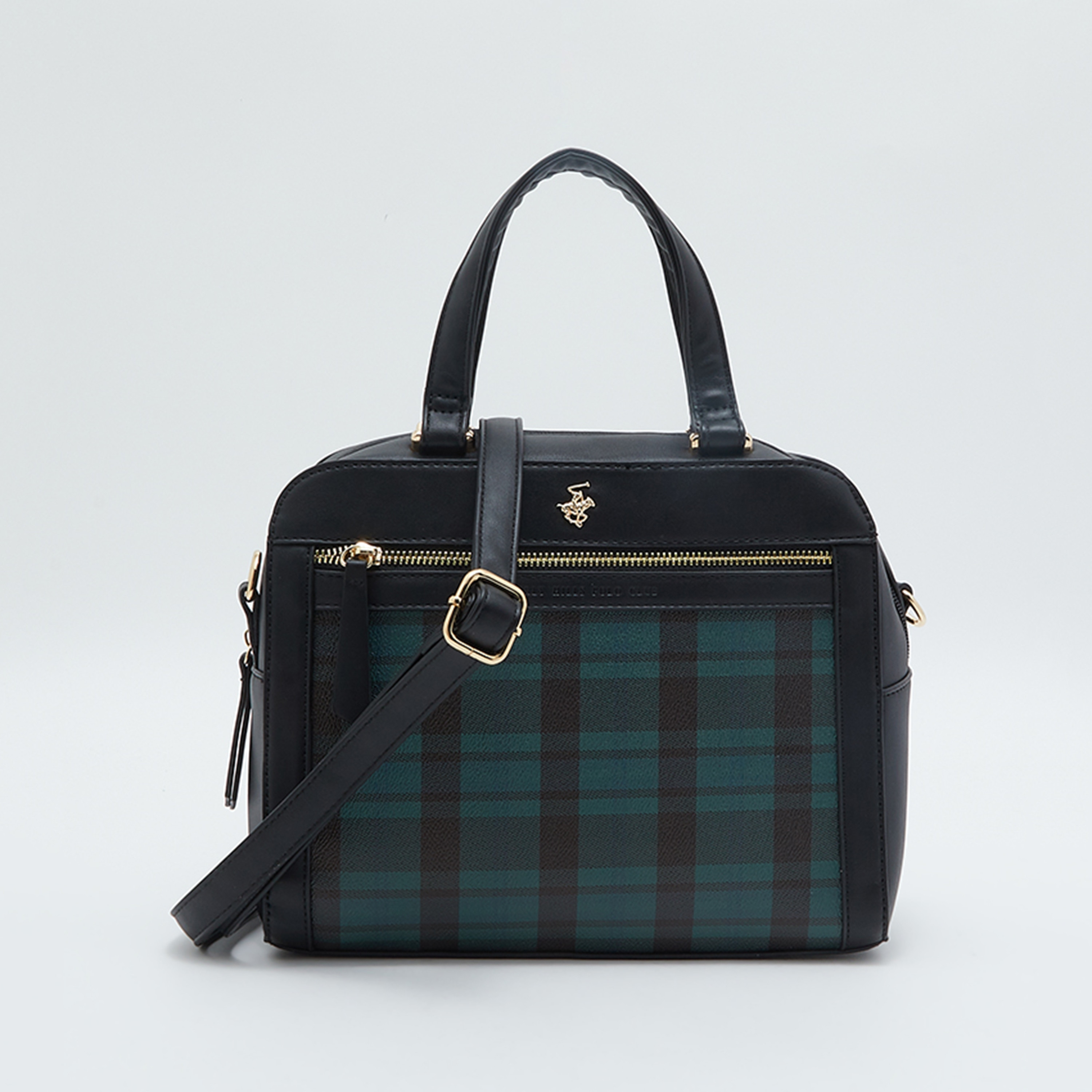 Beverly Hills Polo Club Checked Hand Bag with Zip Closure and Adjustable Strap in Green-women-bagsandwallets-handbags-image-1