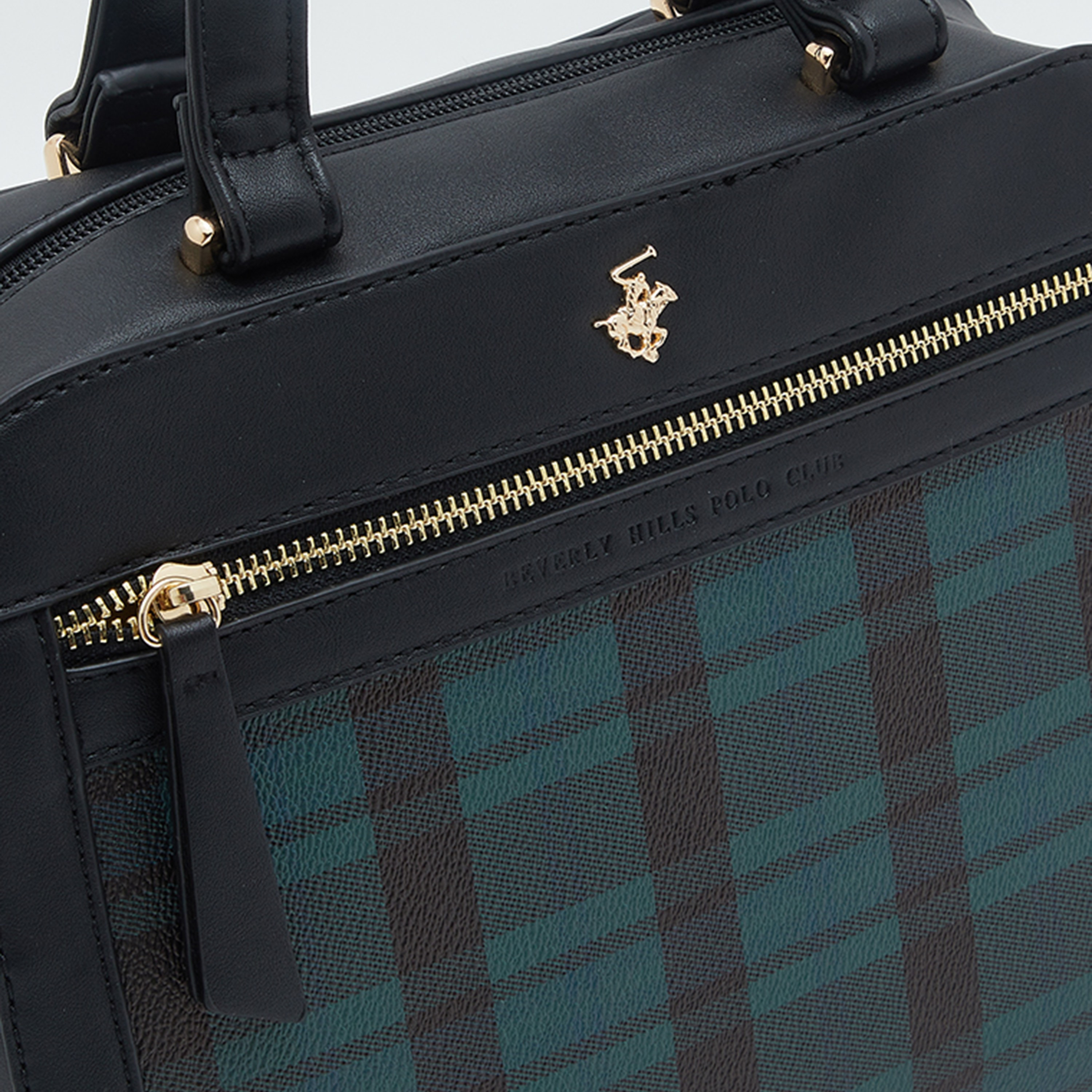 Beverly Hills Polo Club Checked Hand Bag with Zip Closure and Adjustable Strap in Green-women-bagsandwallets-handbags-image-3