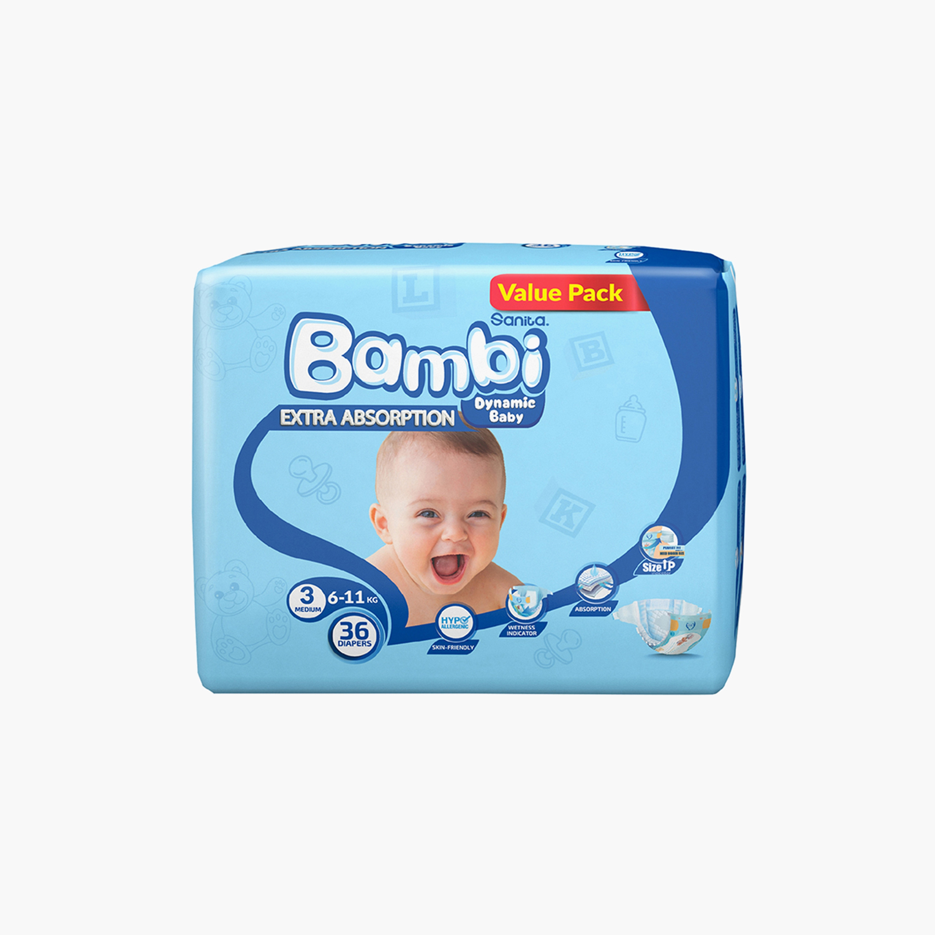 Bambi Extra Absorption Size 3, Medium 36-Diaper Value Pack - 6-11 kg-baby-diapering-diapers-image-3