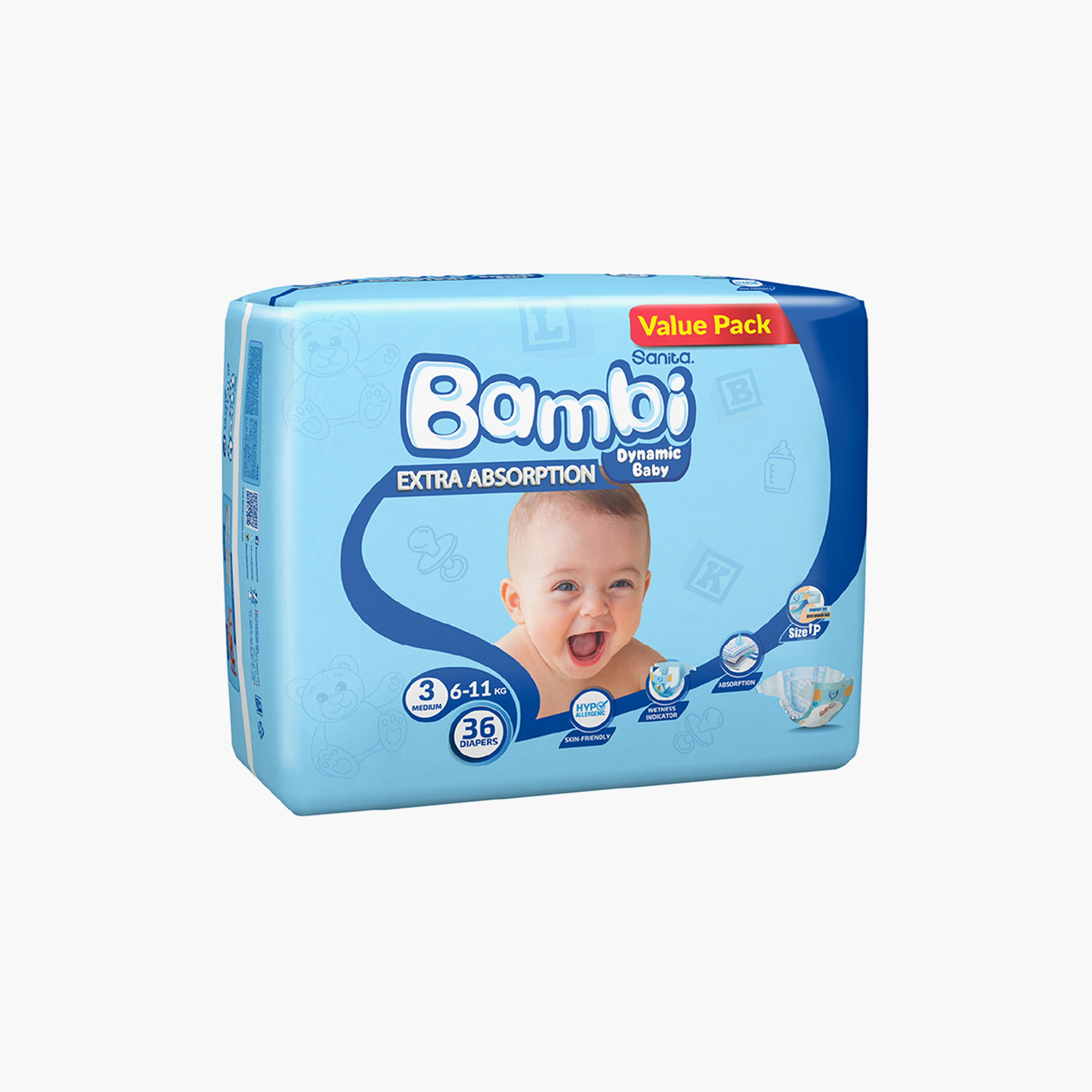 Bambi Extra Absorption Size 3, Medium 36-Diaper Value Pack - 6-11 kg-baby-diapering-diapers-image-4