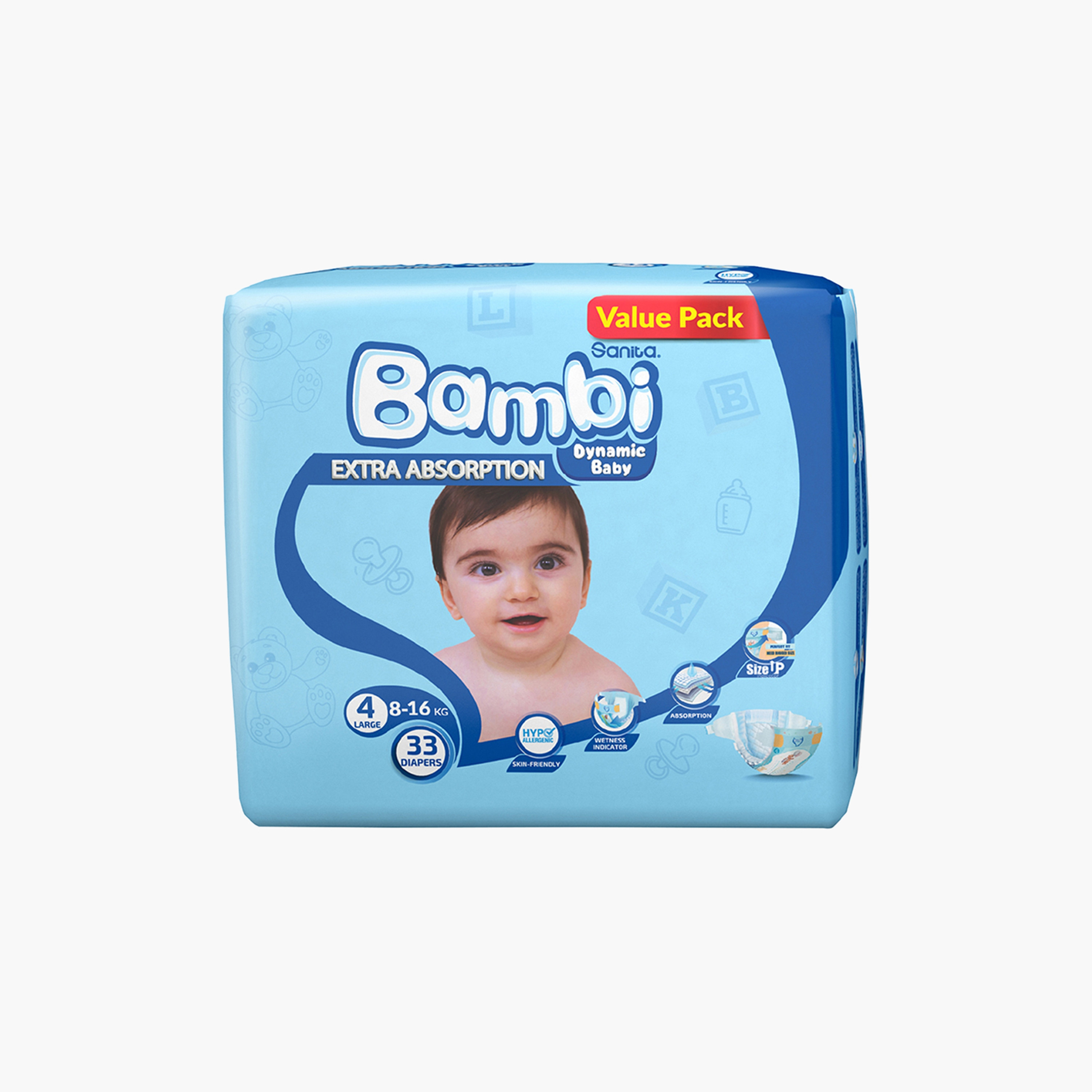 Bambi Baby Size 4 Large, 33-Diapers Value Pack - 8-16 Kg-baby-diapering-diapers-image-3