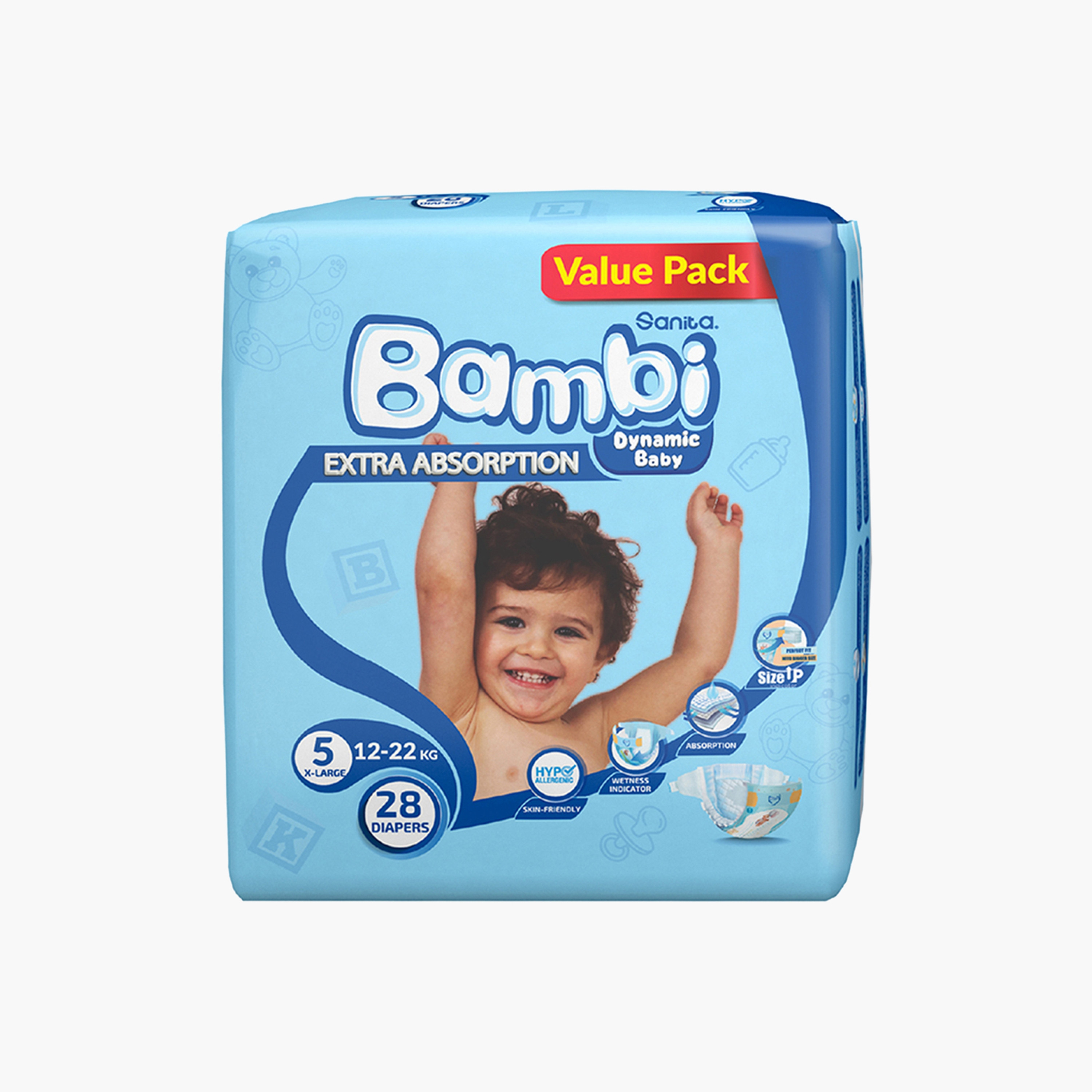 عبوة حفاضات فاليو 28 قطعة مقاس 5 كبير جدًا من بامبي - 12-22 كجم-baby-diapering-diapers-image-3