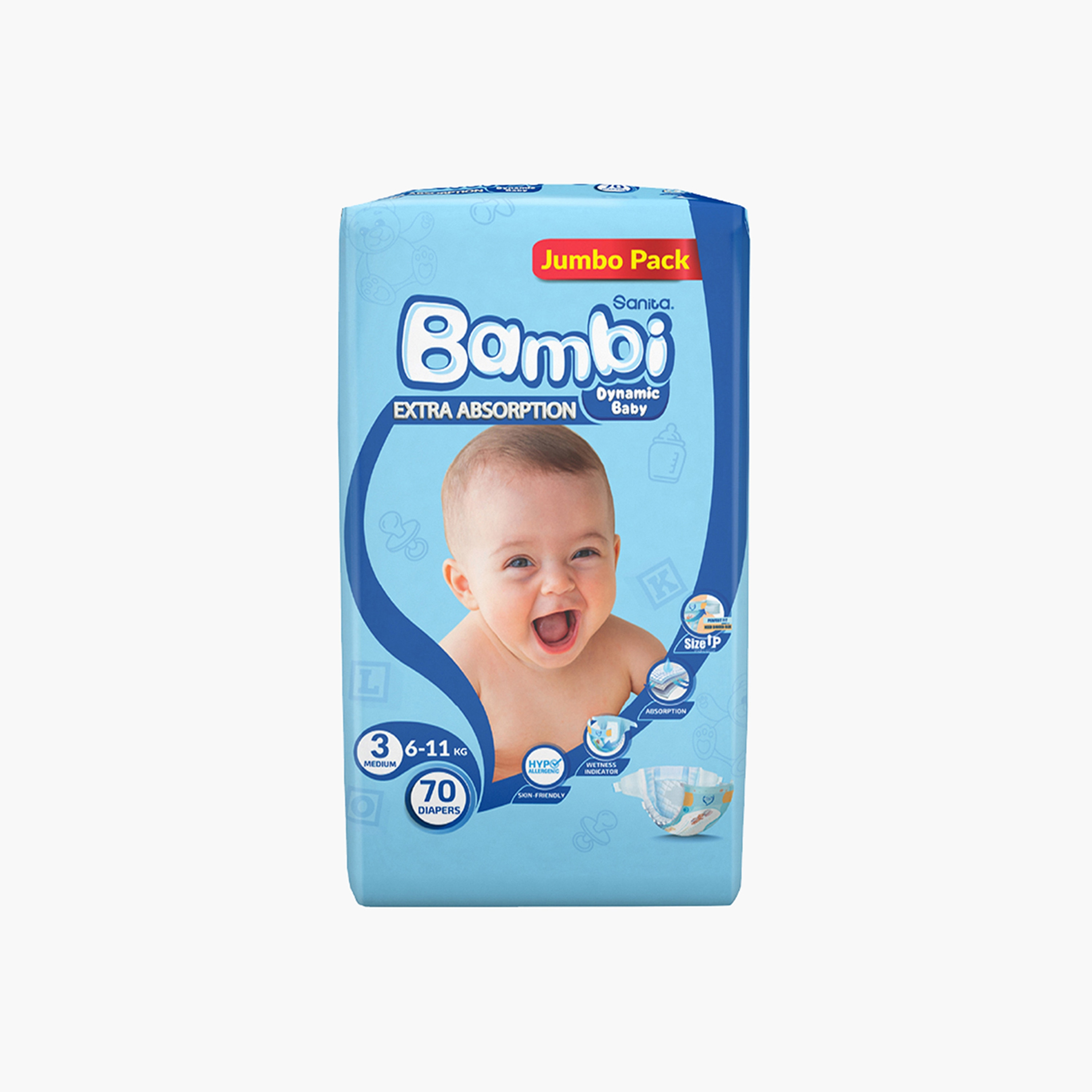 Bambi Dynamic Baby Size 3 Medium, 70-Diapers Jumbo Pack - 6-11 kgs-CP_Promo_Code_Excluded-image-3
