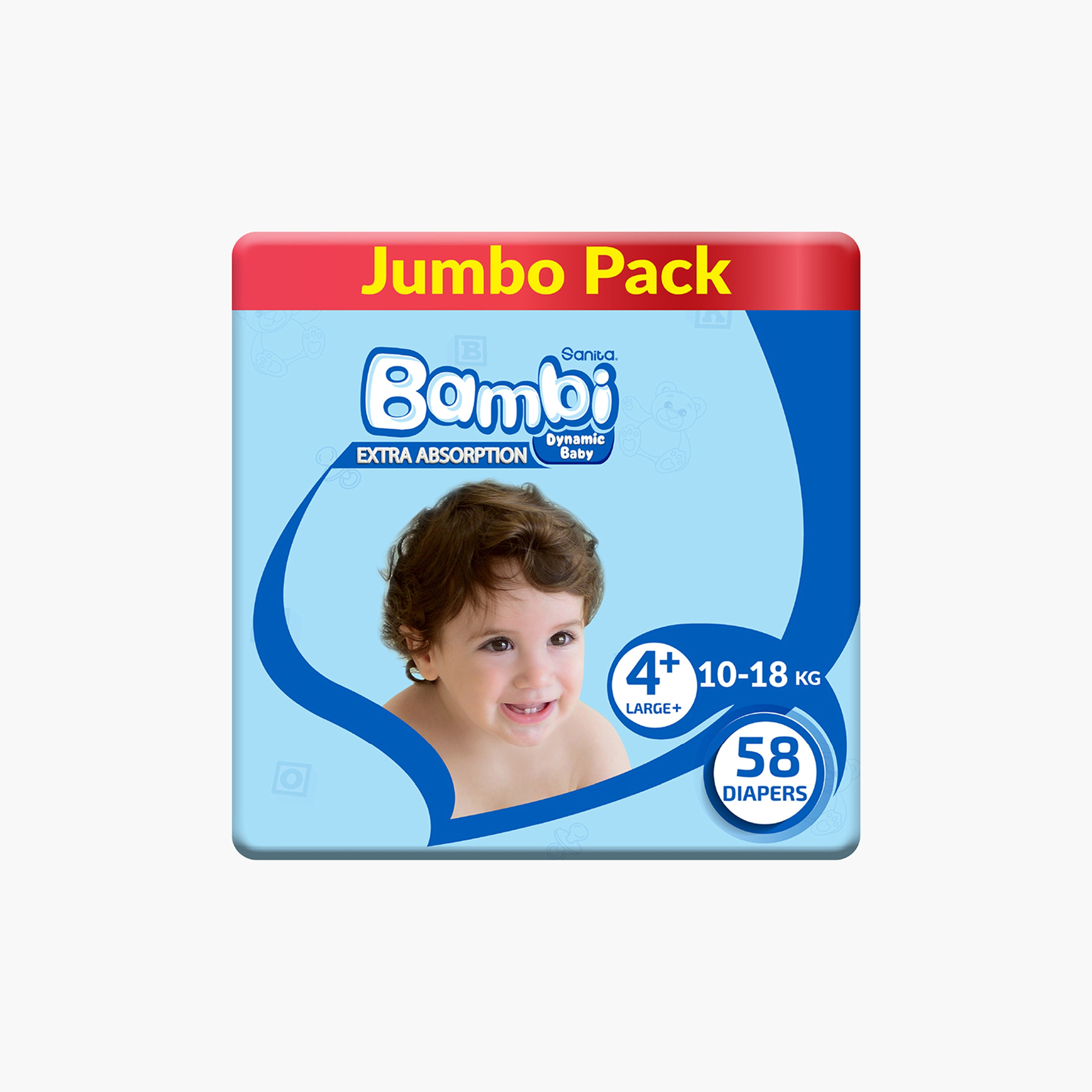 عبوة حفاضات جامبو 58 قطعة مقاس +4 لارج بلس دايناميك بيبي من بامبي - 10-18 كجم-baby-diapering-diapers-image-1