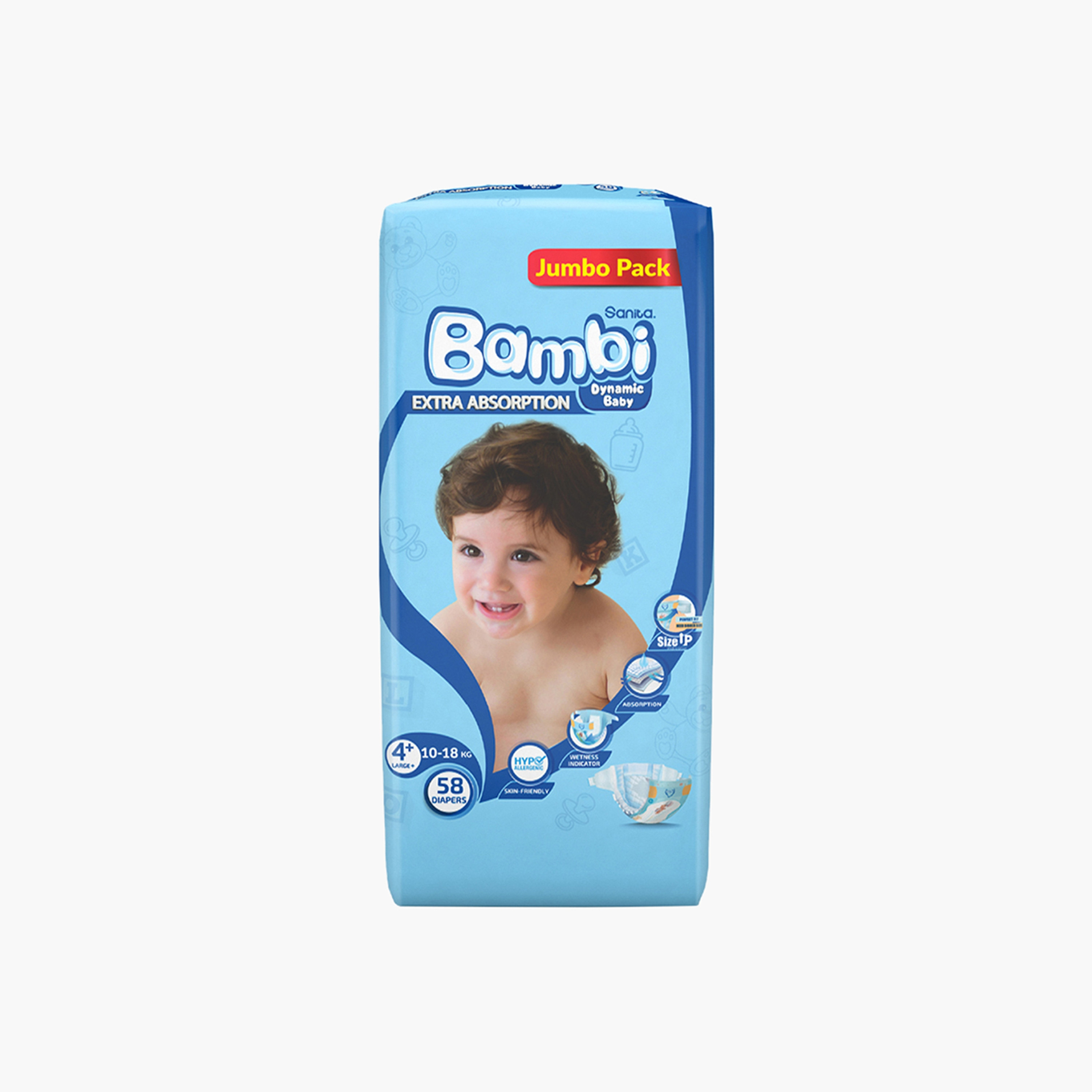 عبوة حفاضات جامبو 58 قطعة مقاس +4 لارج بلس دايناميك بيبي من بامبي - 10-18 كجم-baby-diapering-diapers-image-3