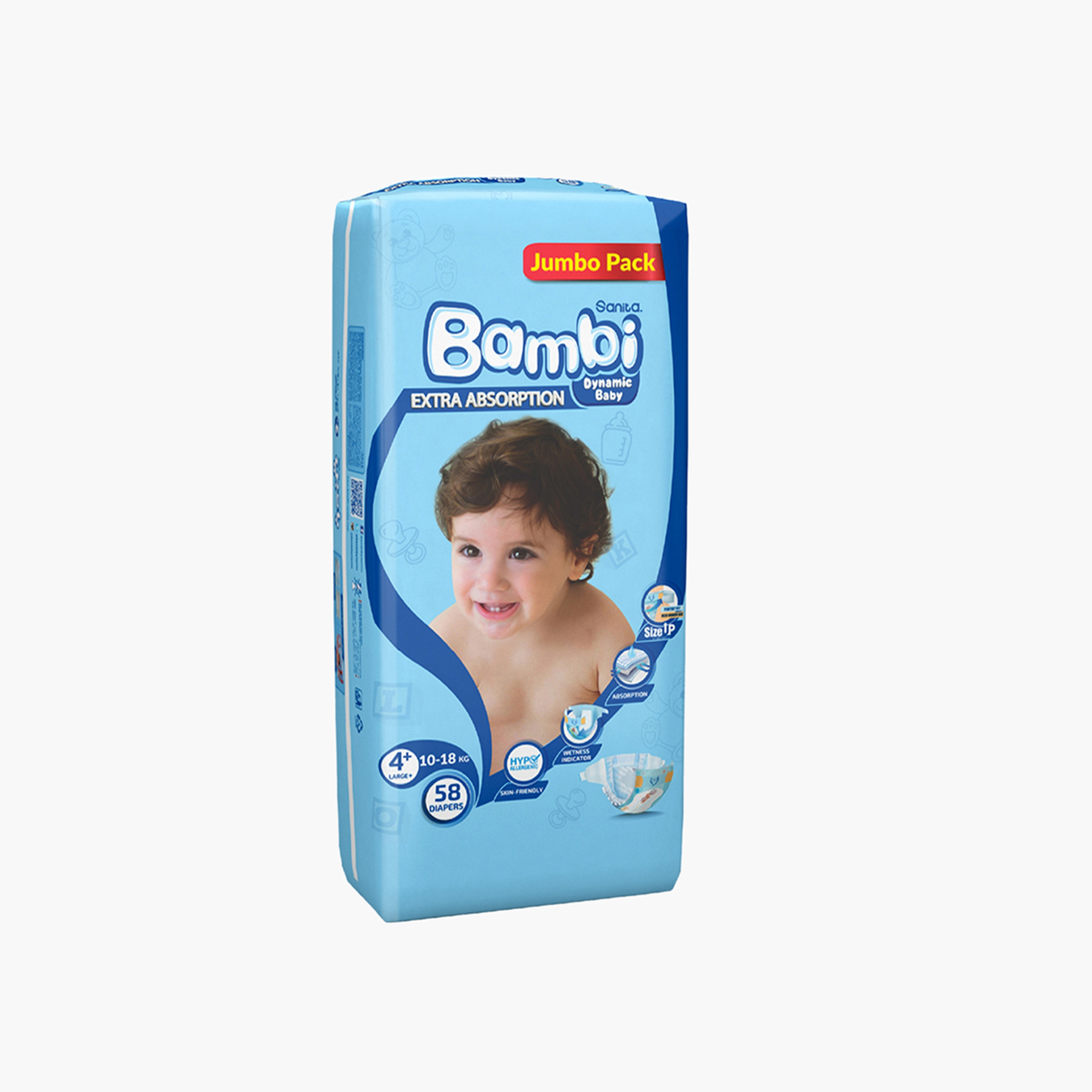 عبوة حفاضات جامبو 58 قطعة مقاس +4 لارج بلس دايناميك بيبي من بامبي - 10-18 كجم-baby-diapering-diapers-image-4