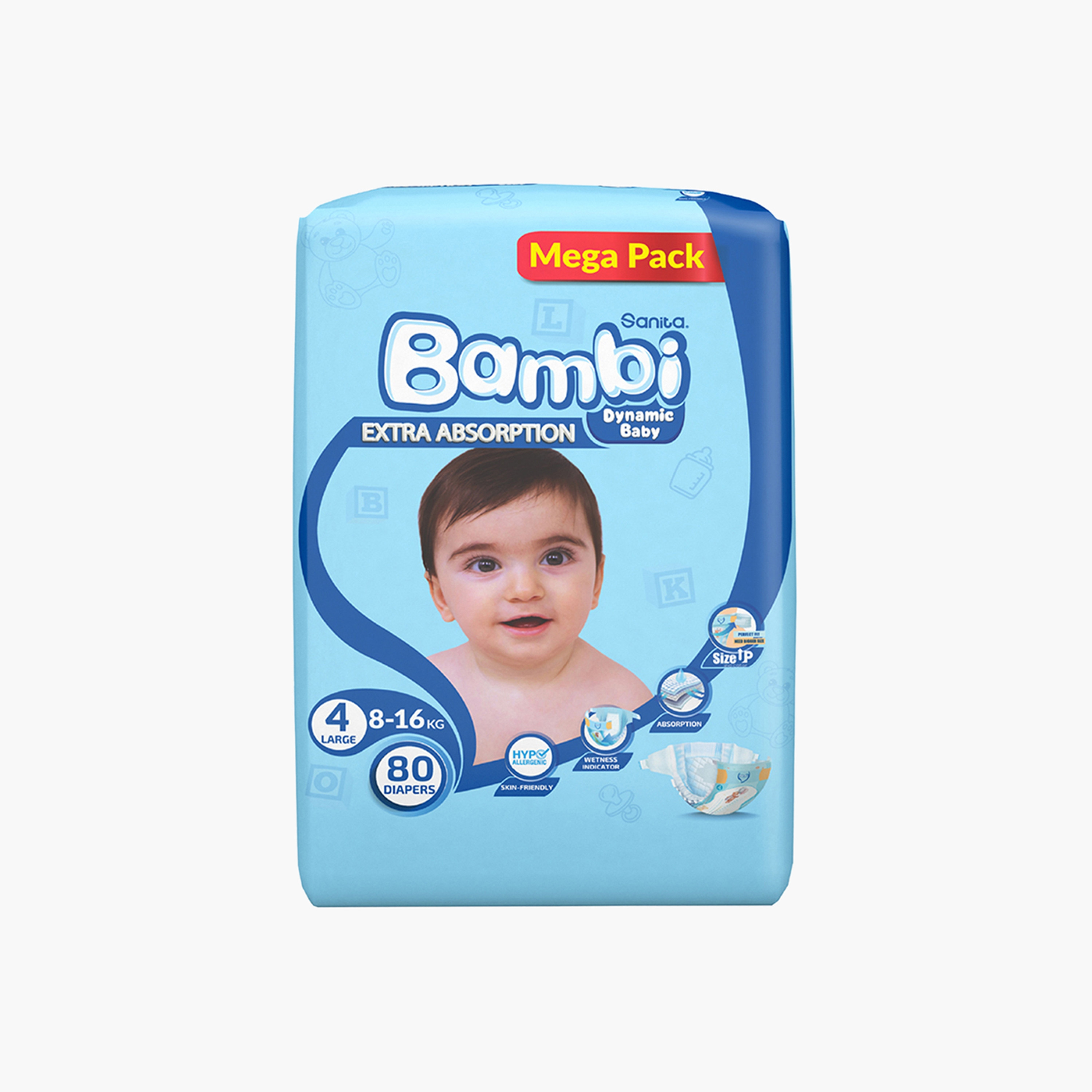 Bambi Extra Absorption Size 4, Large 80-Diapers Mega Pack - 8-16 kg-baby-diapering-diapers-image-3