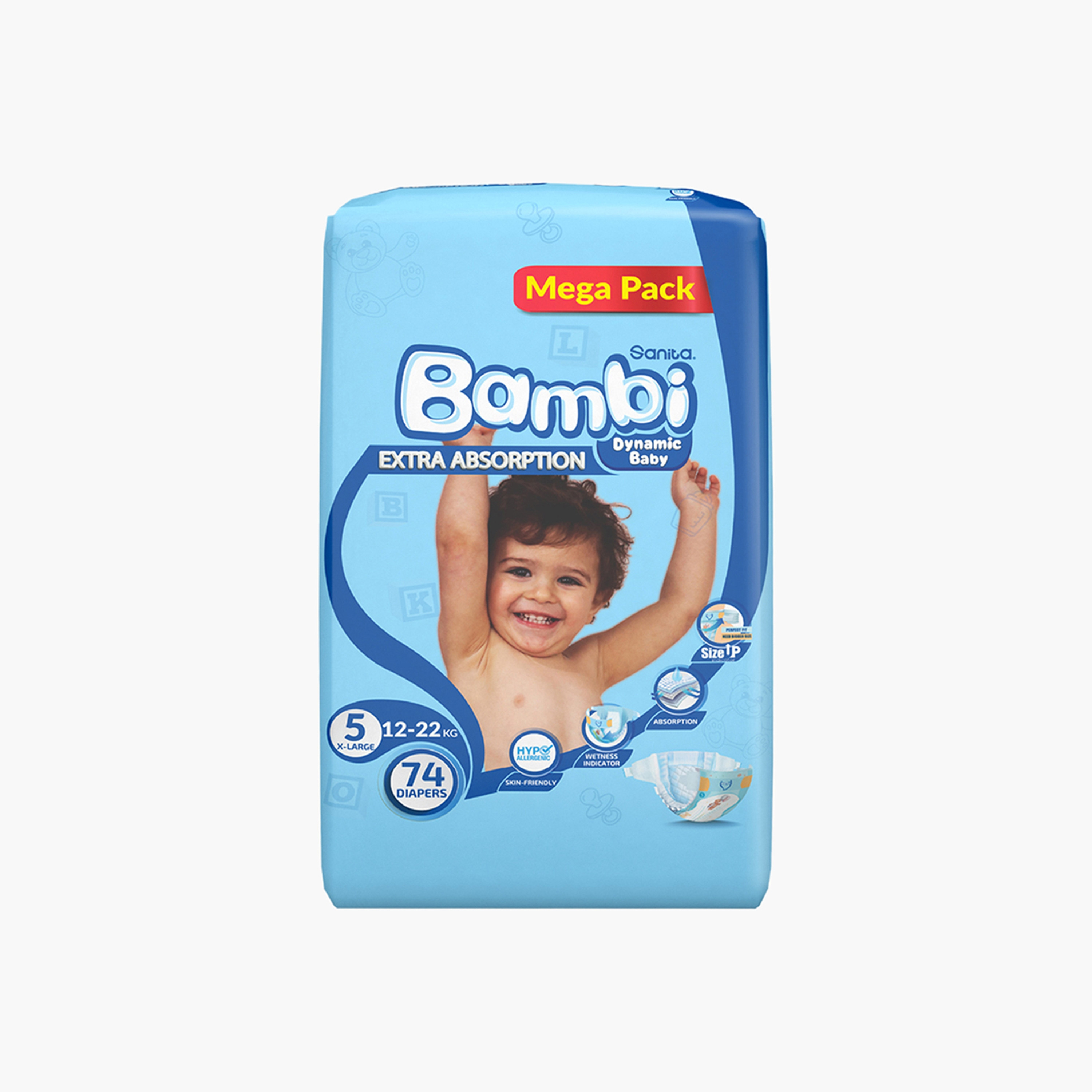Bambi Extra Absorption Size 5, Extra Large 74-Diapers Mega Pack - 12-22 kg-baby-diapering-diapers-image-3