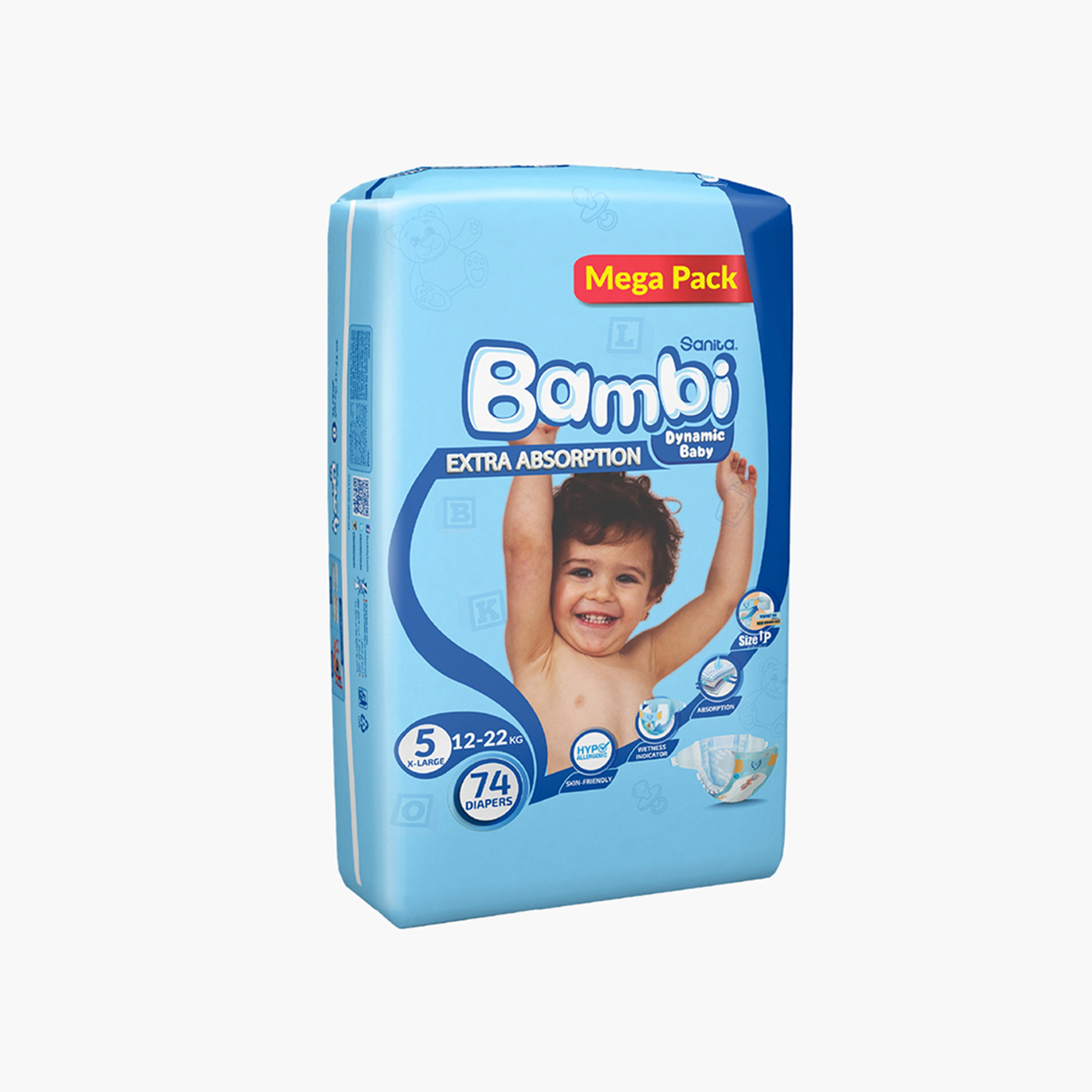 Bambi Extra Absorption Size 5, Extra Large 74-Diapers Mega Pack - 12-22 kg-baby-diapering-diapers-image-4