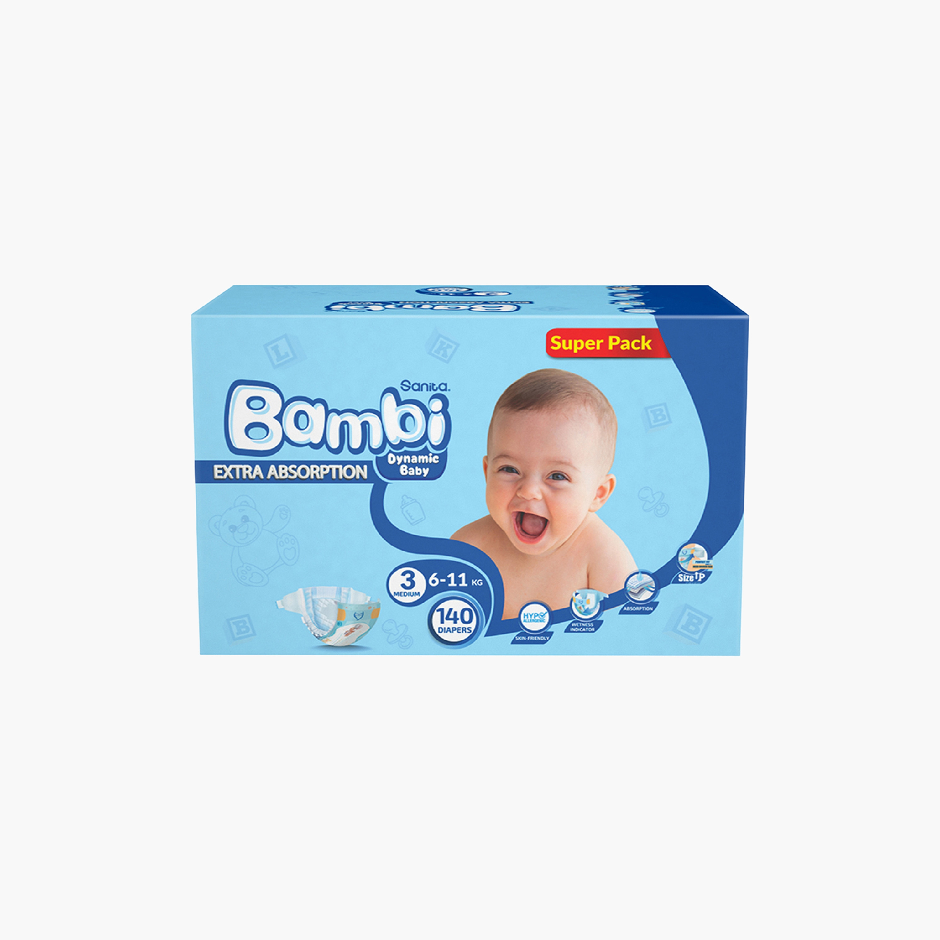 Bambi Extra Absorption Size 3, Medium 140-Diapers Super Pack - 6-11 kg-baby-diapering-diapers-image-3