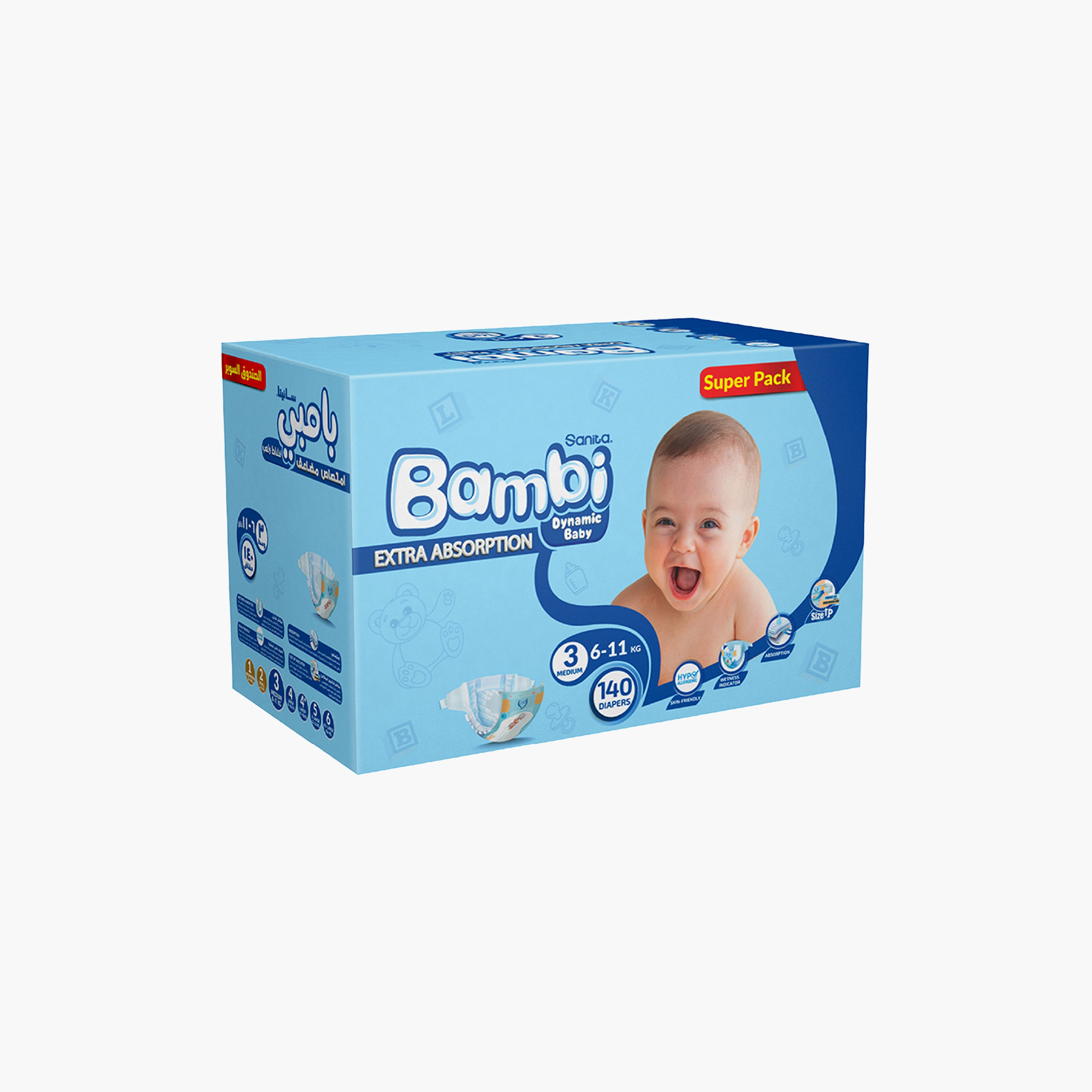 Bambi Extra Absorption Size 3, Medium 140-Diapers Super Pack - 6-11 kg-baby-diapering-diapers-image-4