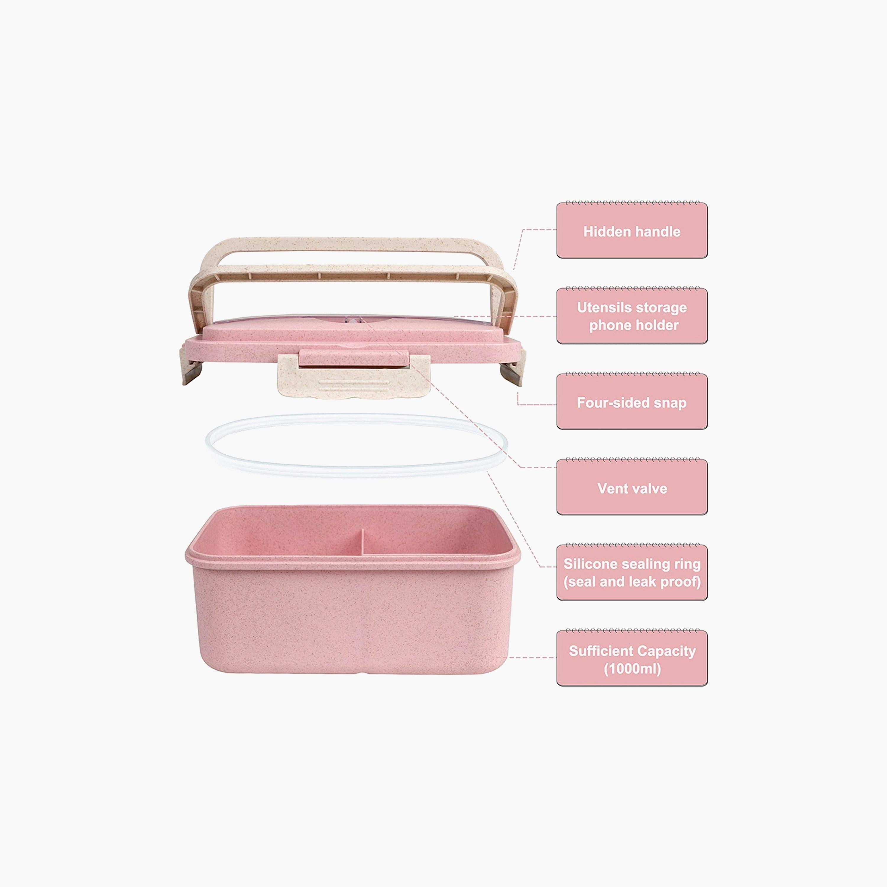 Eazy Kids Wheat Straw Leakproof Eco-Friendly Bento Lunch Box - Pink (1500 ML)-school-lunchessentials-lunchboxes-image-2
