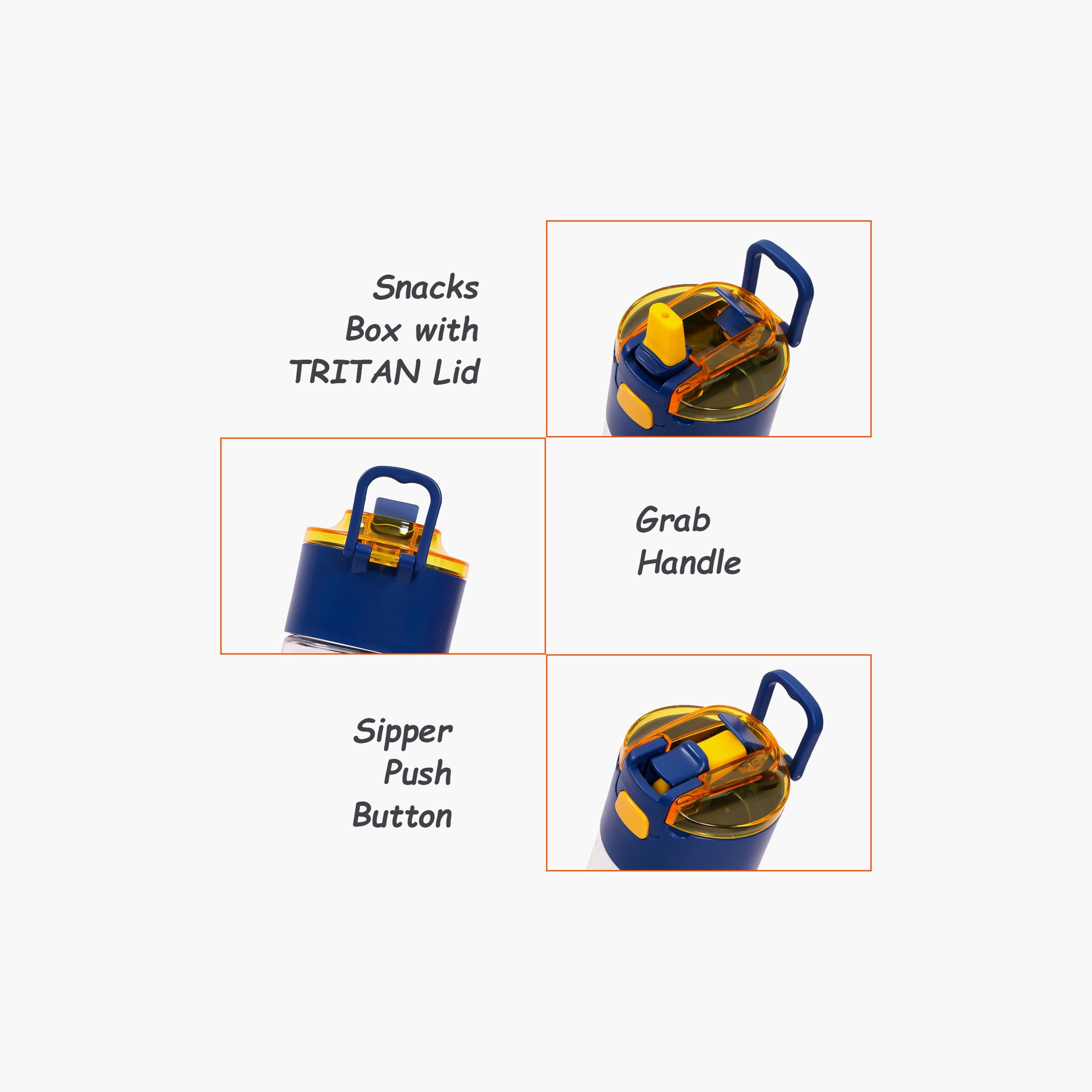 Eazy Kids Tritan Water Bottle W/ Snack Box, T-Rex- Blue, 450 ML-school-waterbottles-image-3