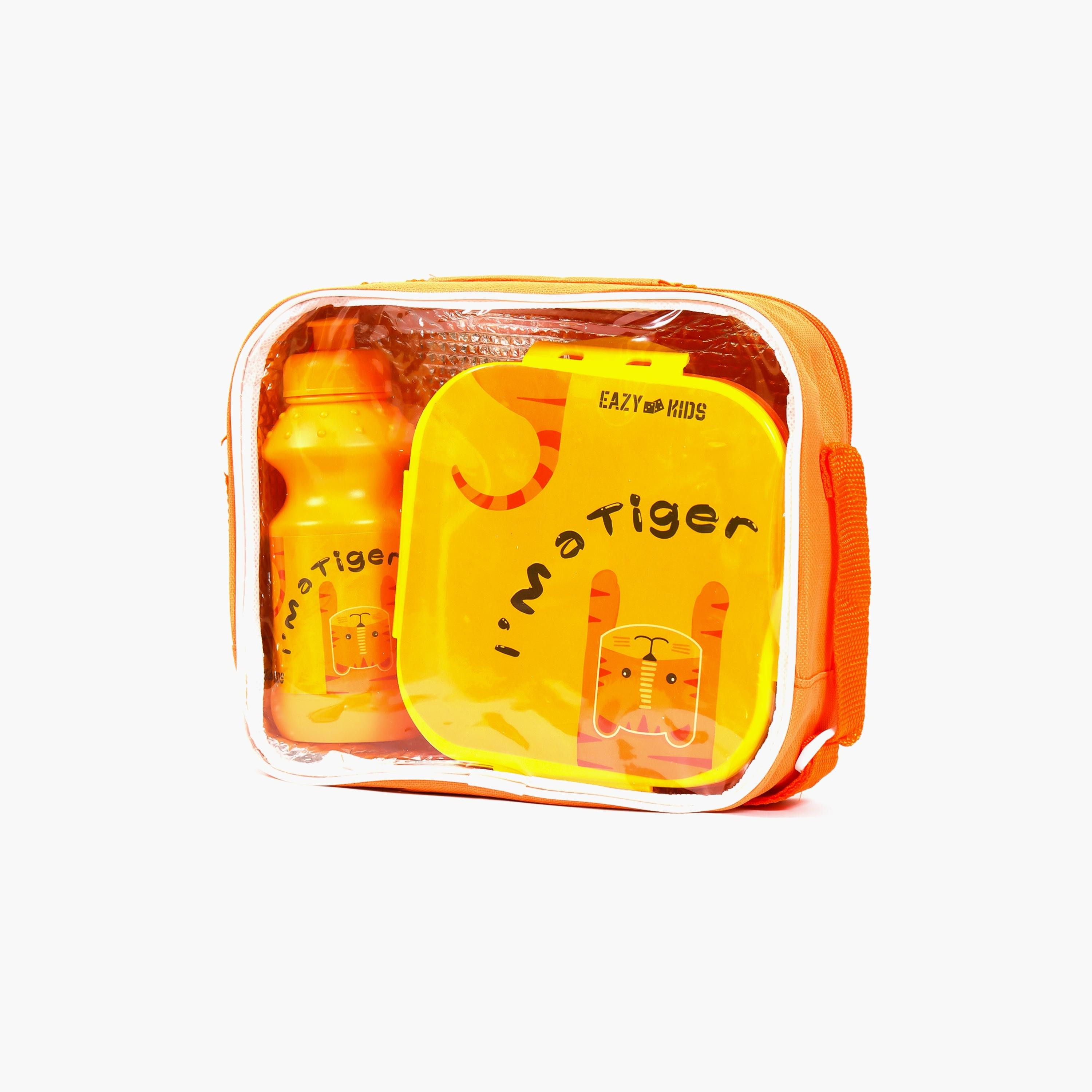 Eazy Kids Lunch Box And Water Bottle With Bag - Tiger Yellow-school-lunchessentials-sets-image-1
