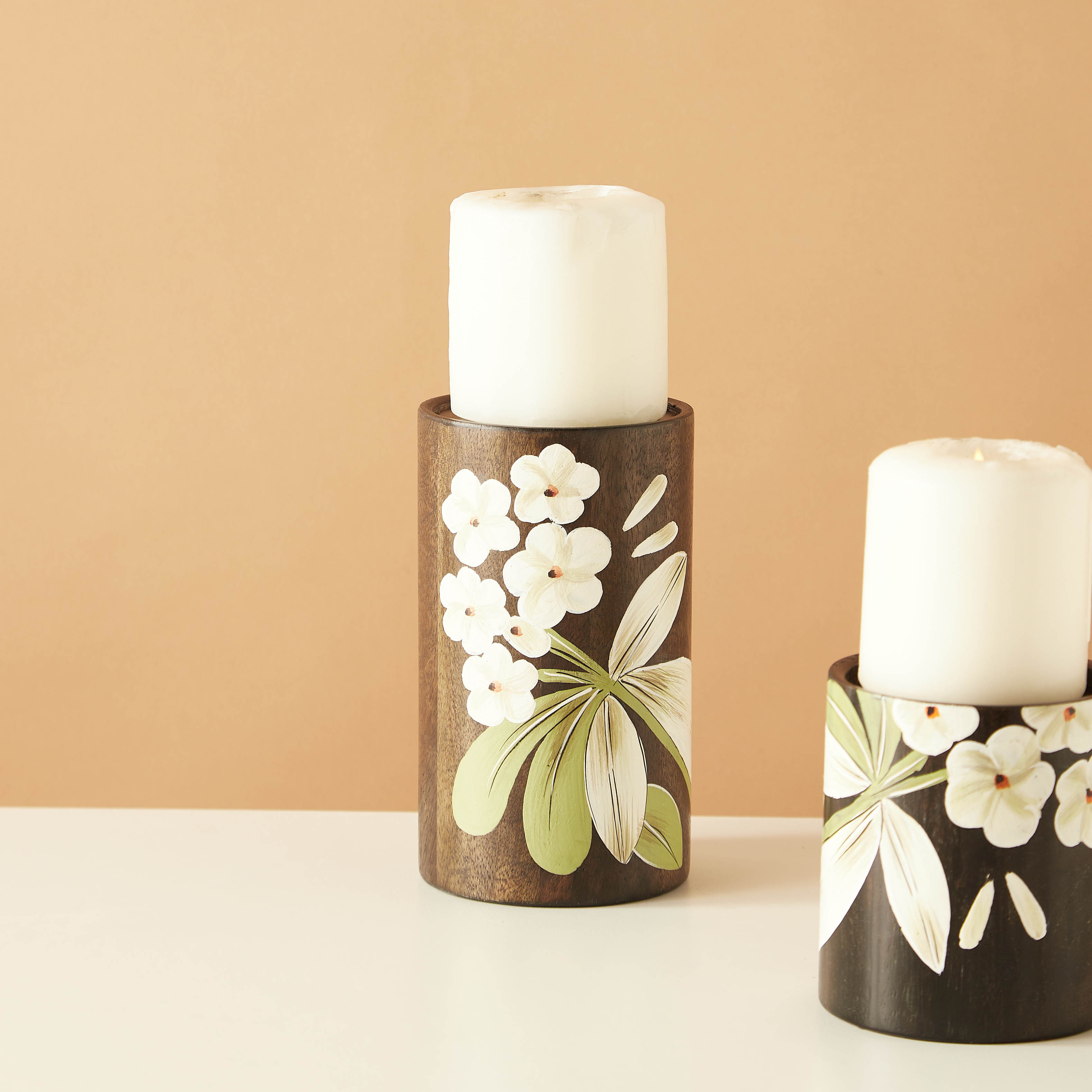 Frangipani Print Wooden Pillar Candleholder - 15 cms-household-decor-candleholdersandlanterns-image-1