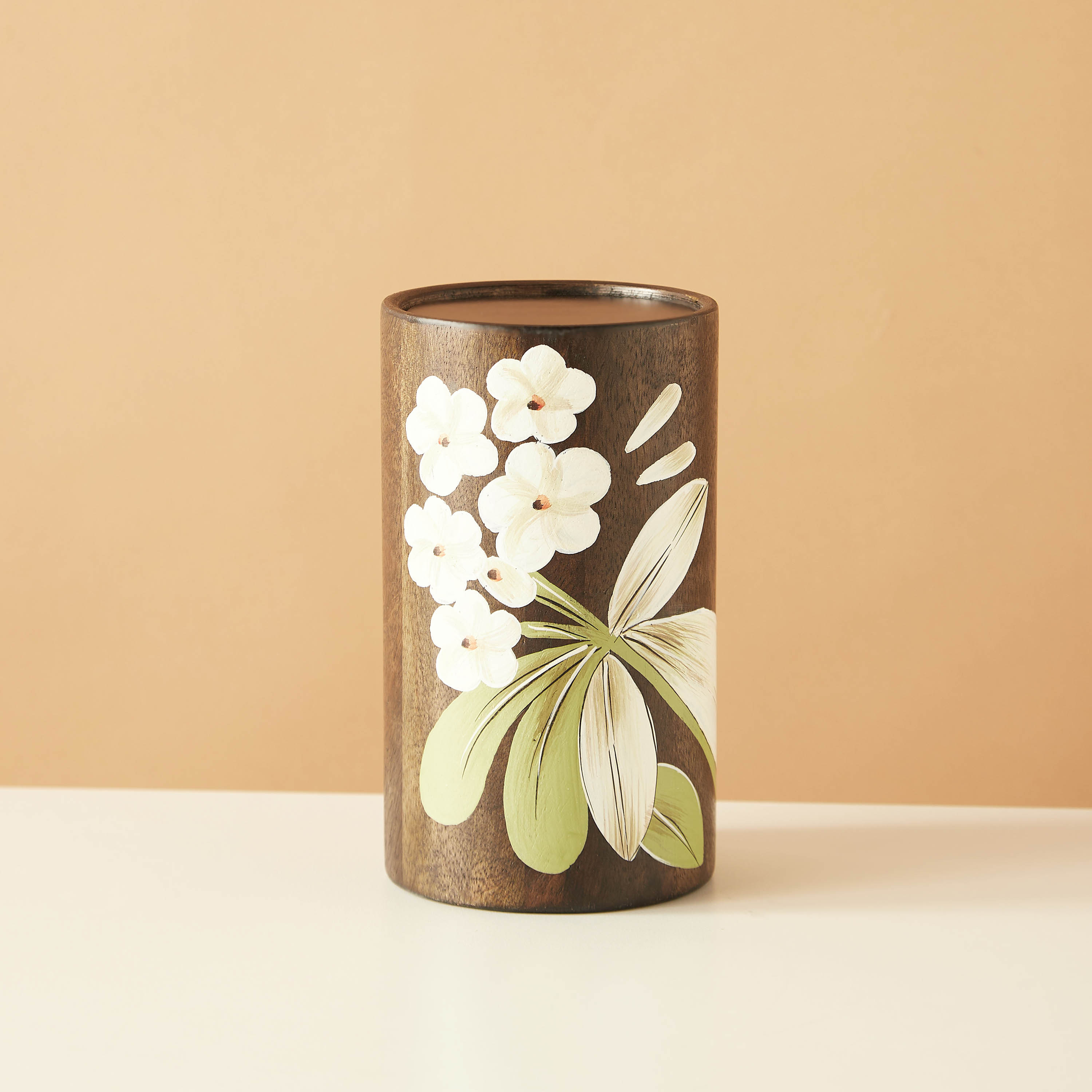 Frangipani Print Wooden Pillar Candleholder - 15 cms-household-decor-candleholdersandlanterns-image-2