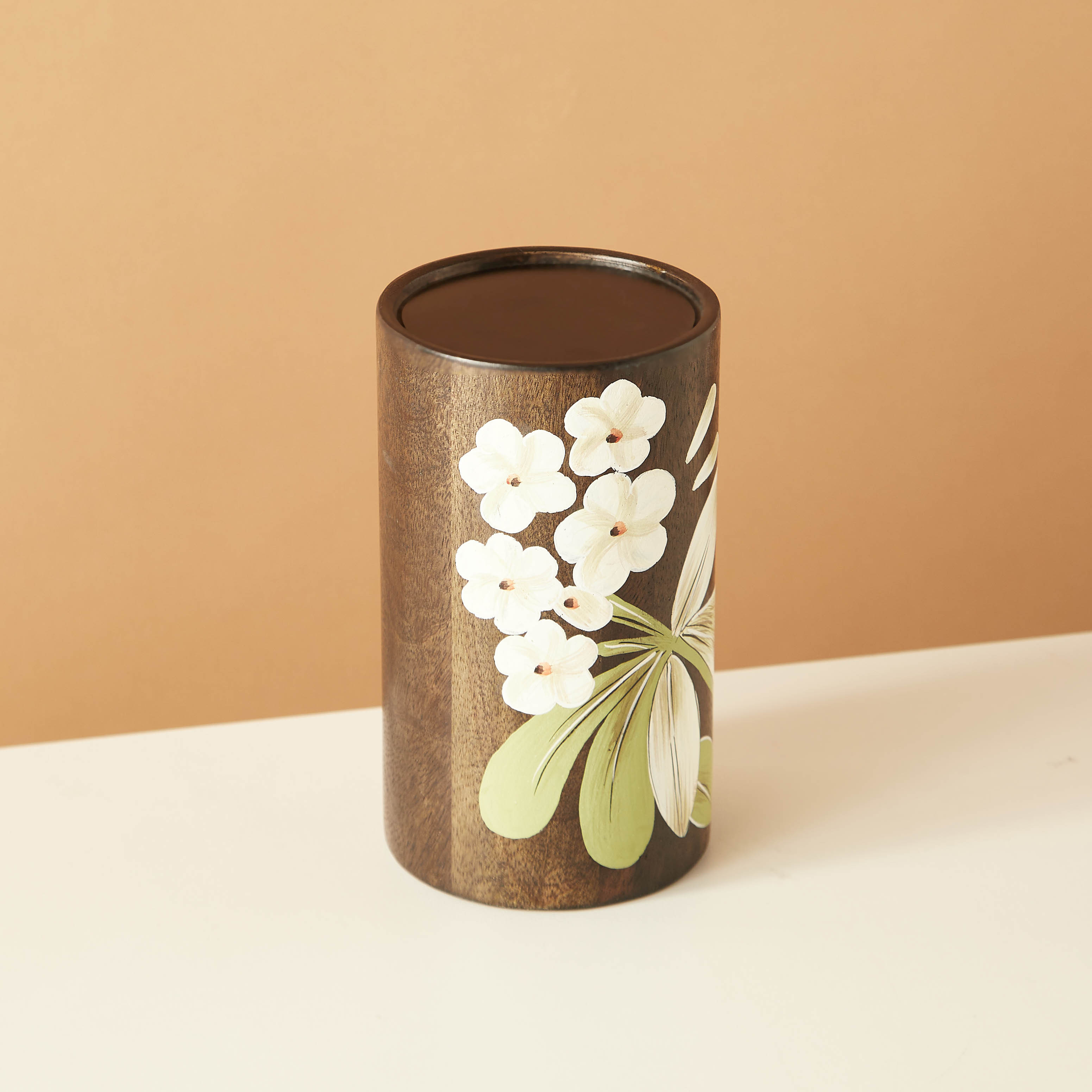 Frangipani Print Wooden Pillar Candleholder - 15 cms-household-decor-candleholdersandlanterns-image-3