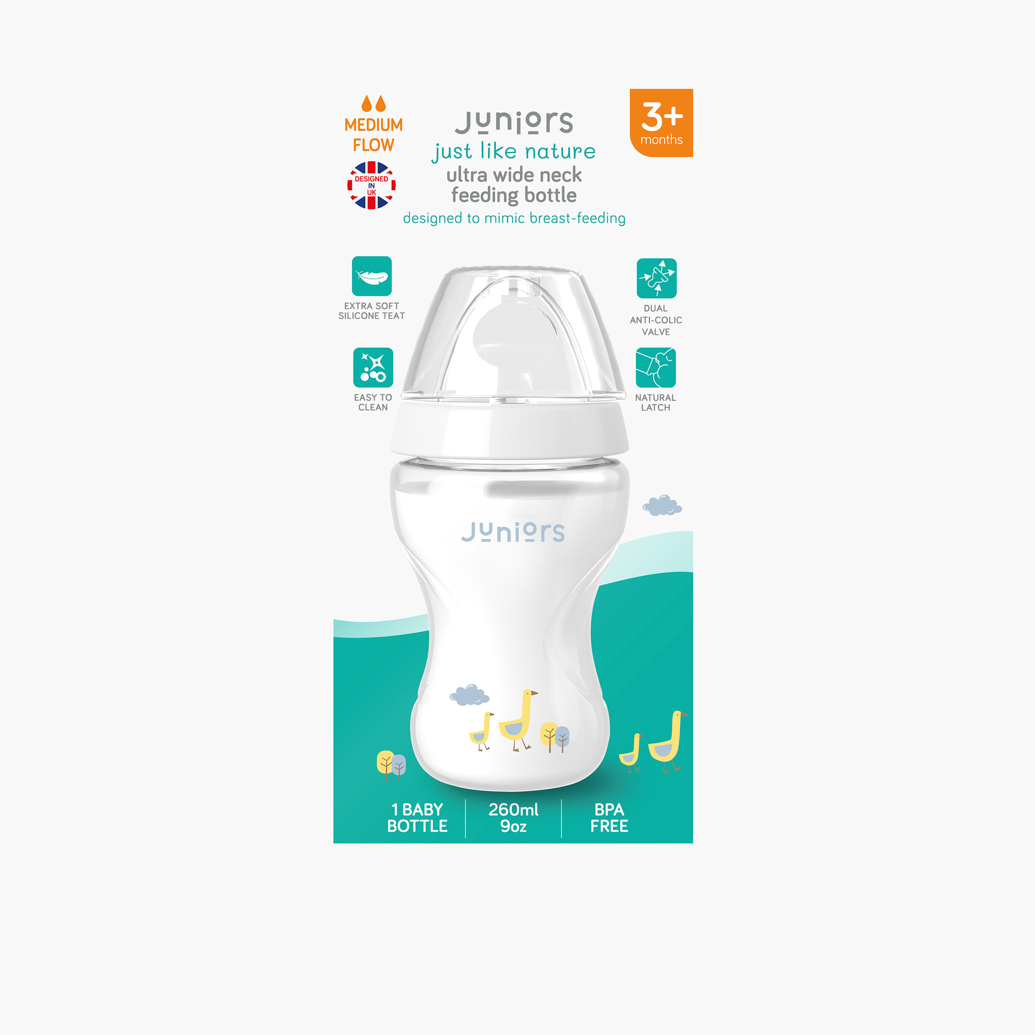 رضّاعة جاست لايك نيتشر إرجونوميك 260 مل بحلمة مضادة للمغص من جونيورز - أبيض-baby-feeding-feedingbottles-bottlesandteats-image-4