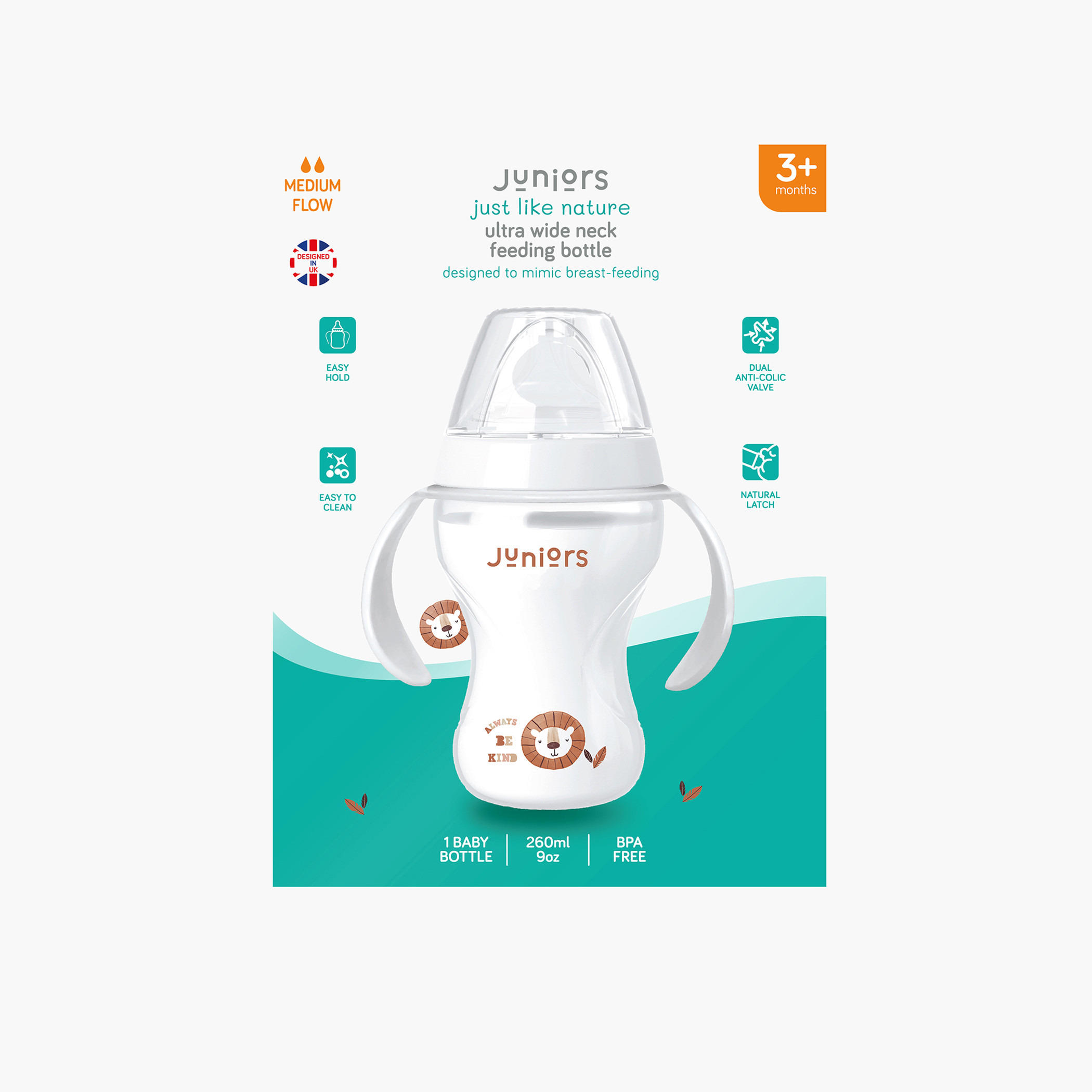 رضّاعة جاست لايك نيتشر إرجونوميك 260 مل بمقبض وحلمة مضادة للمغص من جونيورز - أبيض-baby-feeding-feedingbottles-bottlesandteats-image-1