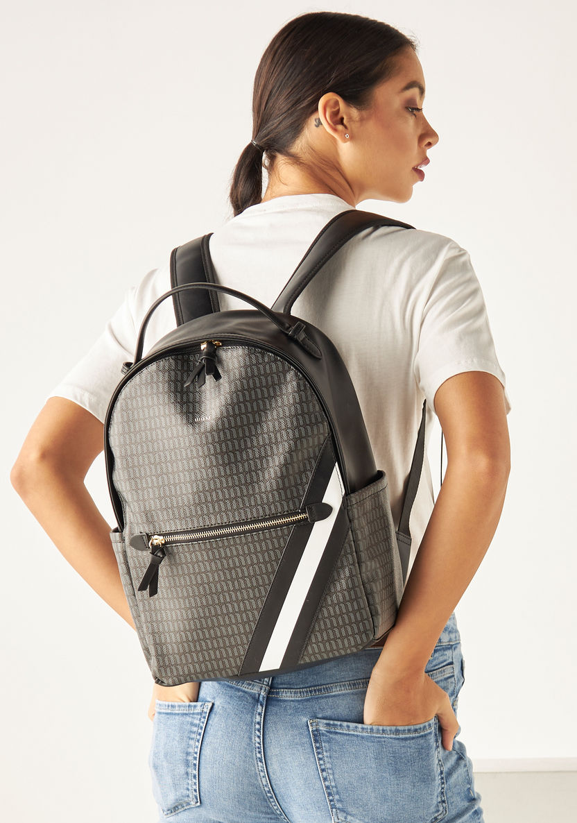 Missy Monogram Print Backpack with Tape Detail and Adjustable Shoulder Straps-Women%27s Backpacks-image-1