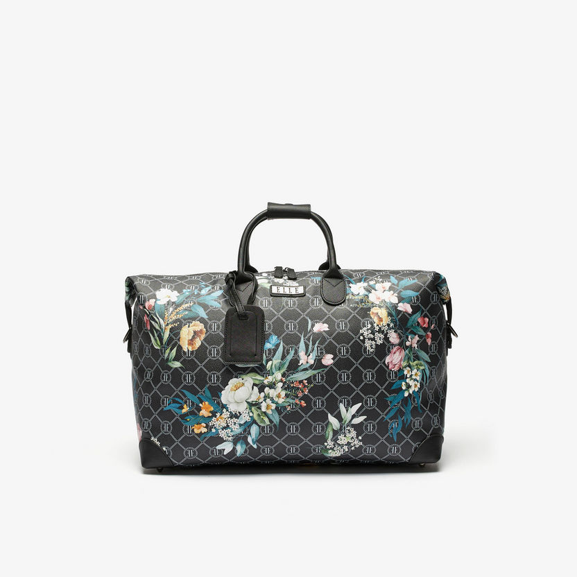 Elle All-Over Monogram Print Duffel Bag with Detachable Strap-Duffle Bags-image-0