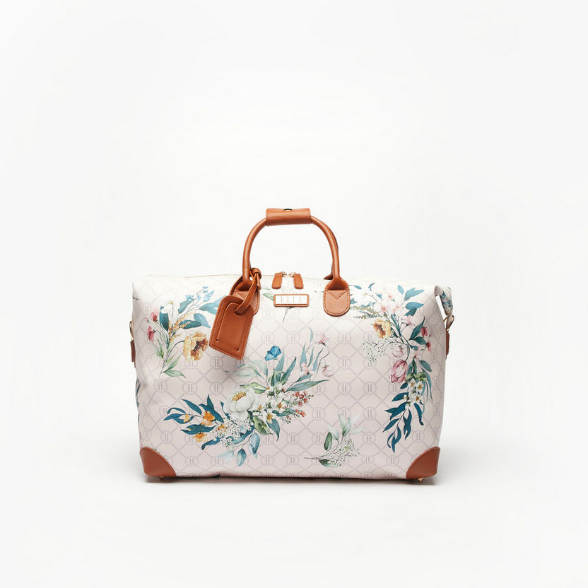 Elle All-Over Monogram Print Duffel Bag with Detachable Strap-Duffle Bags-image-0