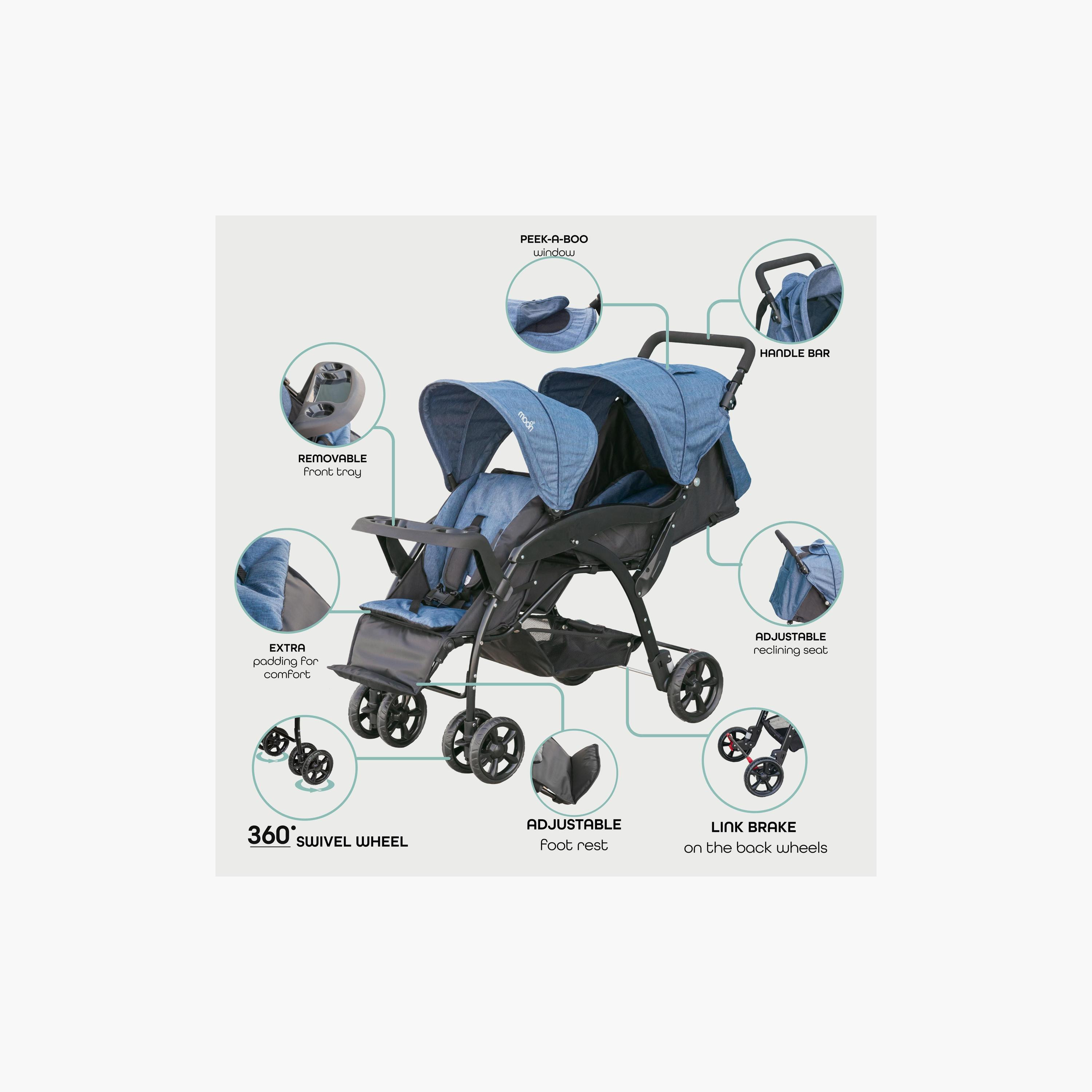 Moon Dois Foldable Twin Stroller with Adjustable Leg Rest - Black & Blue-baby-gear-strollersandprams-strollers-image-3